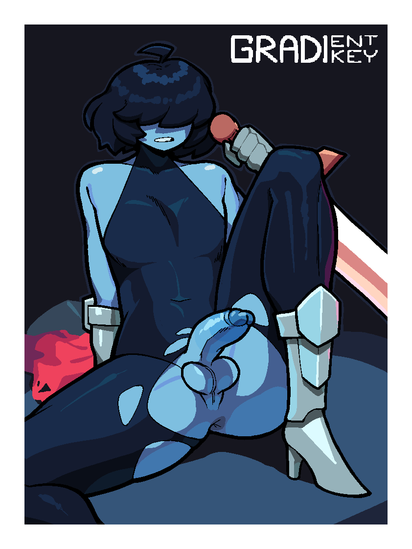 1boy blue_body blue_skin bodysuit deltarune femboy hair_covering_eyes high_heel_boots high_heels kris_(deltarune) male male_only penis presenting presenting_anus presenting_penis ripped_clothing solo sword theelgenerate twink