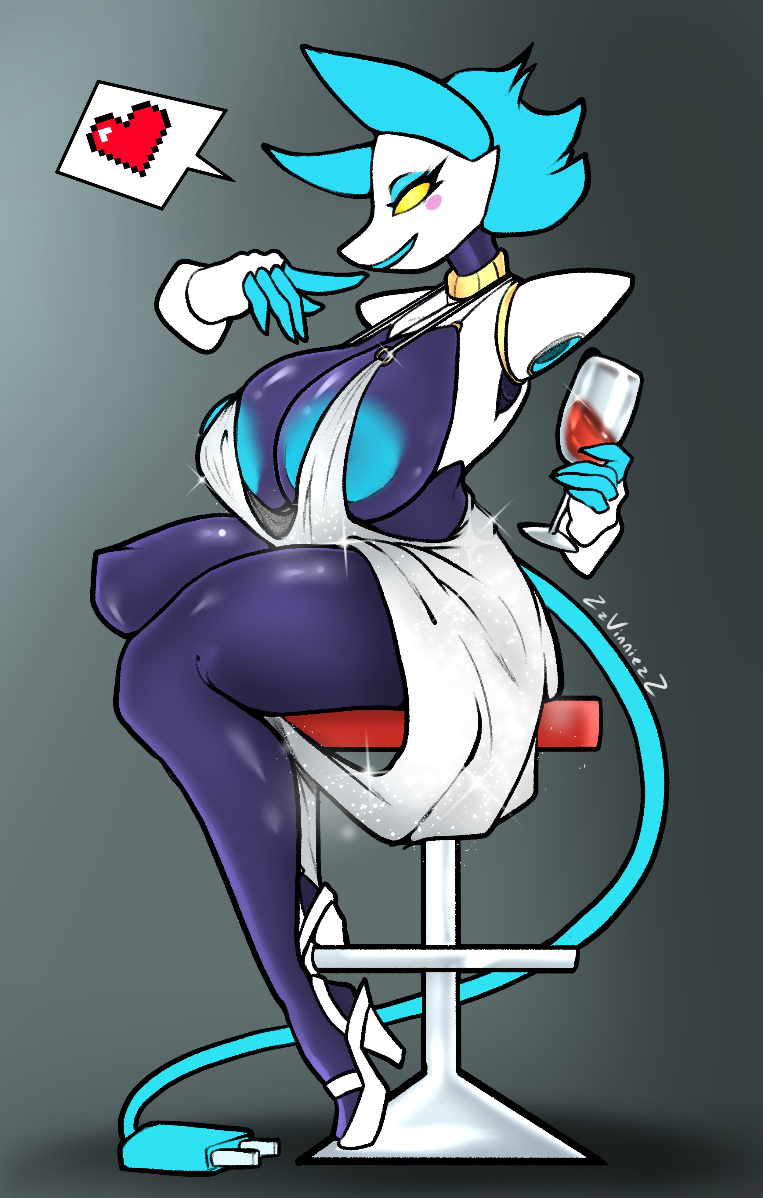 anthro, big breasts, breasts, cat ears, deltarune, dress, female, heels, revealing clothes, robot, robot girl, seductive, sitting, smile, smiling, solo, solo female, tail, tasque manager (deltarune), thick thighs, zzvinniezz