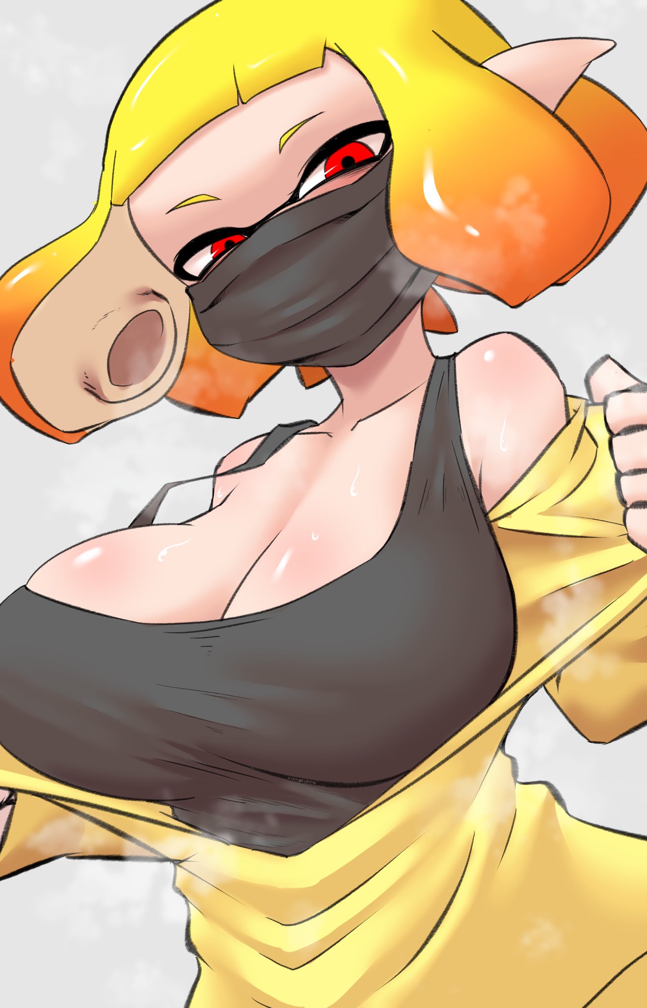 1girls agent_4_(splatoon) big_breasts cleavage face_mask inkling inkling_girl jacket nintendo nobunagapero orange_hair peronattu red_eyes solo splatoon splatoon_2 splatoon_2:_octo_canyon sports_bra tentacle_hair yellow_hair