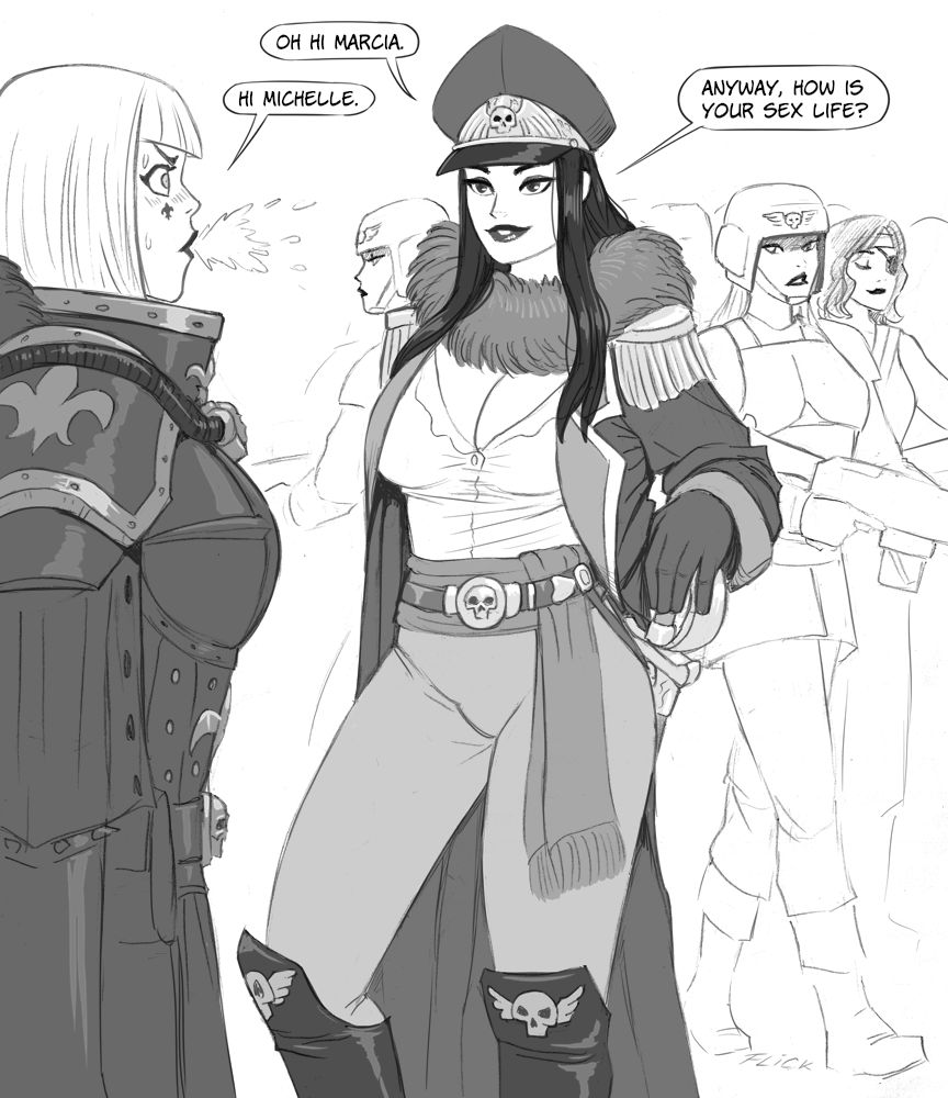 5girls adepta_sororitas astra_militarum canoness_marcia cleavage commissar_soboleva cutlass cutlass_(sword) dark_hair dialogue english_text female female_only flick flick-the-thief guardswoman_(warhammer_40k) imperial_guard imperium_of_man large_breasts mature_female power_armor sister_of_battle speech_bubble suggestive_dialogue sword text warhammer_(franchise) warhammer_40k white_background white_hair