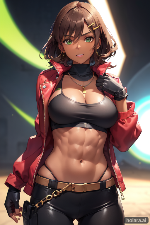 1girls, abs, aged down, ai generated, azucena milagros ortiz castillo, bangs, belly button, big breasts, breasts, brown hair, clothing, dark skin, dark-skinned female, female, female only, gloves, green eyes, hairclip, holaraai, hourglass figure, jacket, latina, looking at viewer, midriff, muscular, muscular female, necklace, pecs, peruvian female, short hair, tekken, tekken 8, tomboy, voluptuous, voluptuous female, yoga pants, young, younger female