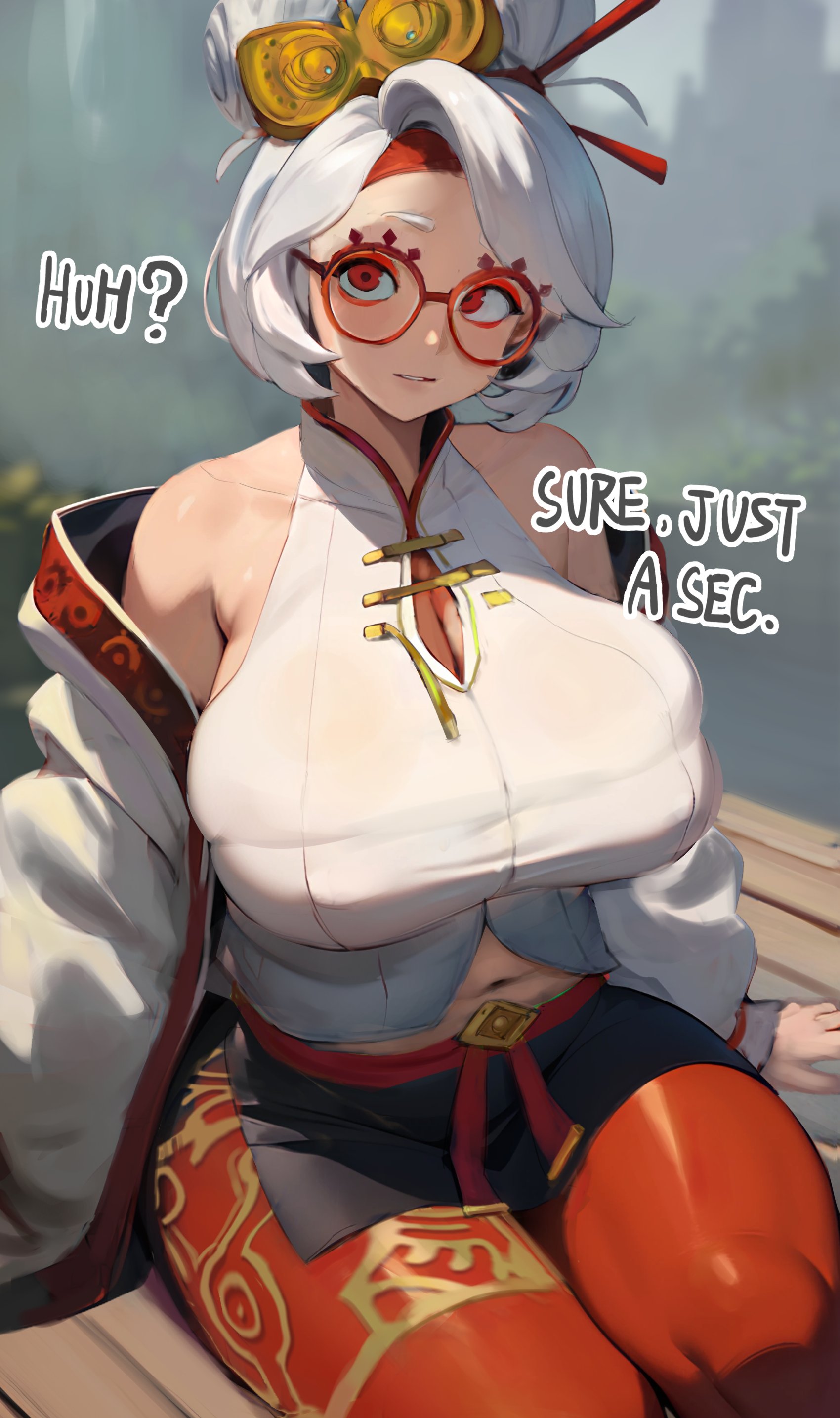 1girls, breasts, clothed, female, glasses, huge breasts, large breasts, light skin, light-skinned female, looking at viewer, nintendo, purah, purah (tears of the kingdom), red eyes, smewed, smile, tears of the kingdom, the legend of zelda, thick thighs, white hair, wide hips