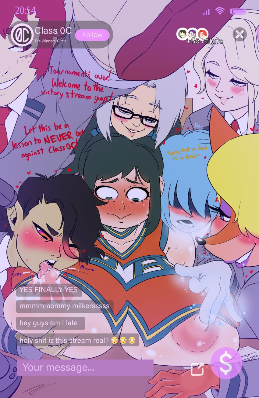 4girls, blush, breasts, breasts on table, cheerleader uniform, color coded text, dialogue, fakeryway, female, imminent sex, inko midoriya, lactation, licking nipples, livestream, milf, my hero academia, original characters, pleasure castle, streaming, tagme