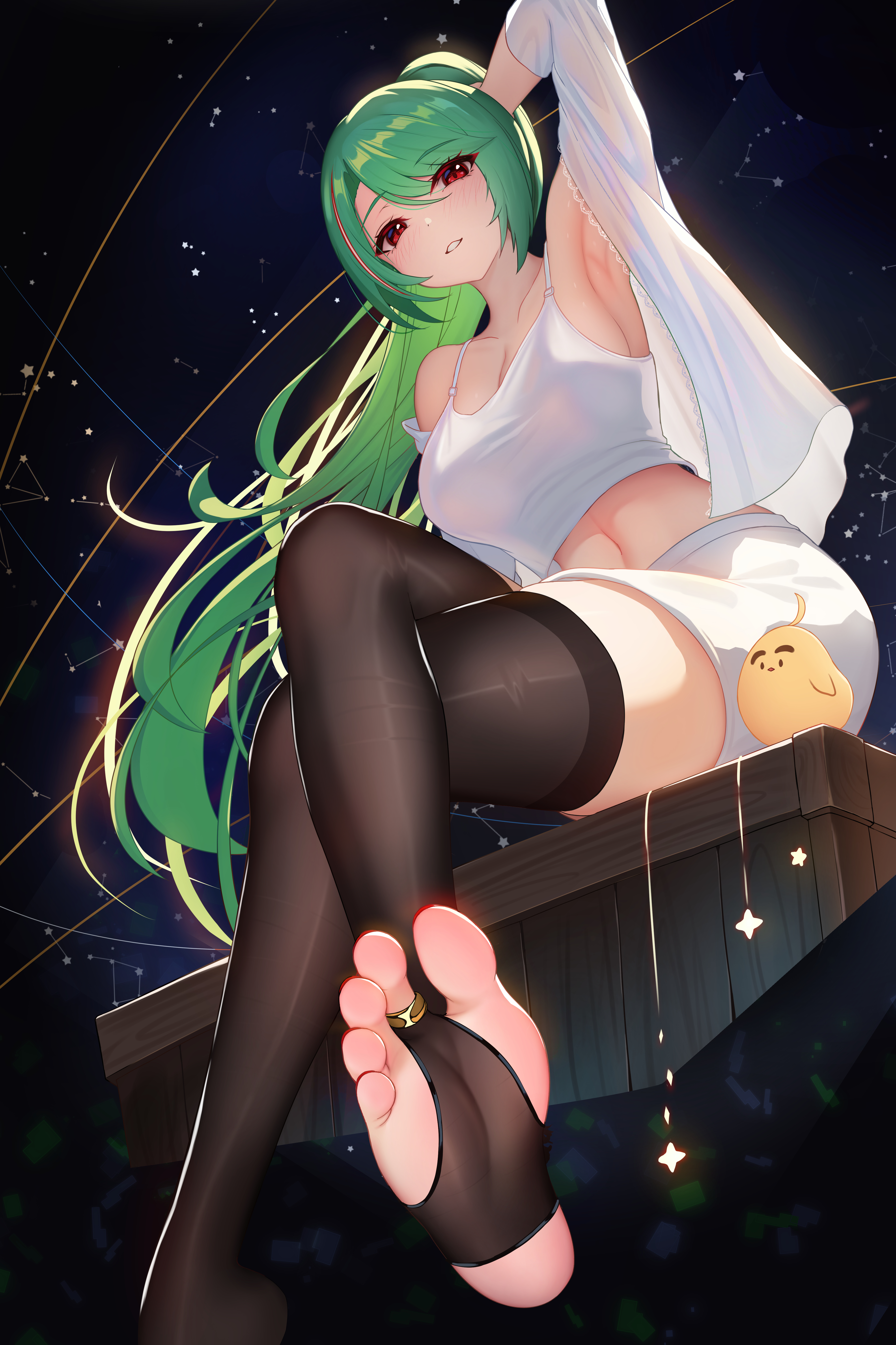 1animal, 1girls, armpit, azur lane, damao yu, feet, feet towards viewer, female, female only, foot fetish, light skin, light-skinned female, littorio (azur lane), manjuu (azur lane), painted toenails, sardegna empire (azur lane), tagme, thighhighs, thighs, toe ring, toes