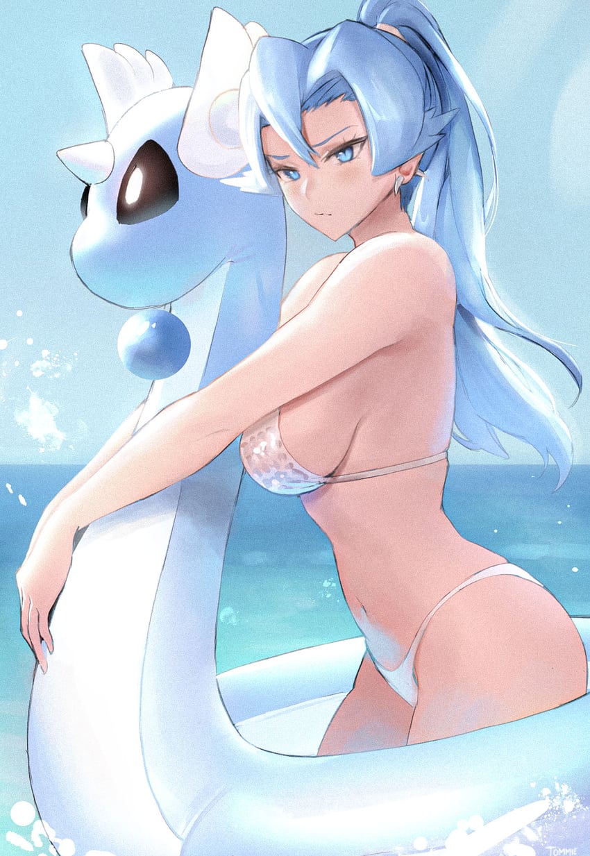 artist_name bikini blue_eyes blue_hair blue_sky breasts clair_(pokemon) closed_mouth dragonair female hair_between_eyes innertube large_breasts long_hair ocean partially_submerged pokemon pokemon_gsc pokemon_hgss ponytail sideboob sky swimsuit tommy_(kingdukeee) tooth_earrings white_bikini