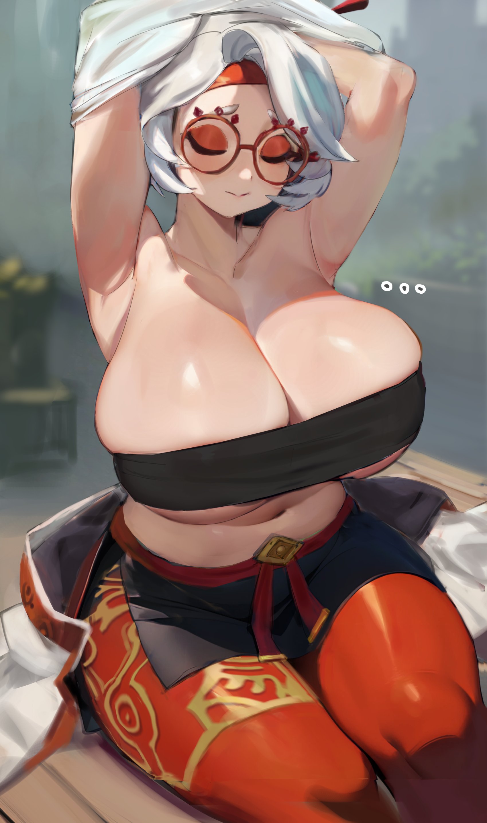 1girls, armpits, bandeau, breasts, cleavage, curvy, eyes closed, eyeshadow, female, glasses, huge breasts, large breasts, light skin, light-skinned female, looking at viewer, makeup, navel, nintendo, purah, purah (tears of the kingdom), red eyes, red glasses, short hair, smewed, smile, tears of the kingdom, the legend of zelda, thick thighs, tubetop, white hair, wide hips