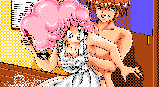 arms assertive assertive_male brown_eyes brown_hair cooking door eyebrows_visible_through_hair eyes female fluffy_hair game_cg groping groping_breasts hair hands hands_on_breasts holding_object indoors legs male miyata_yukimi non-web_source open_mouth partially_clothed pc98 pink_hair pixel_art png rance rance_(series) rance_iii sill_plain steam straight teeth teeth_clenched teeth_visible toned toned_male white_skin window