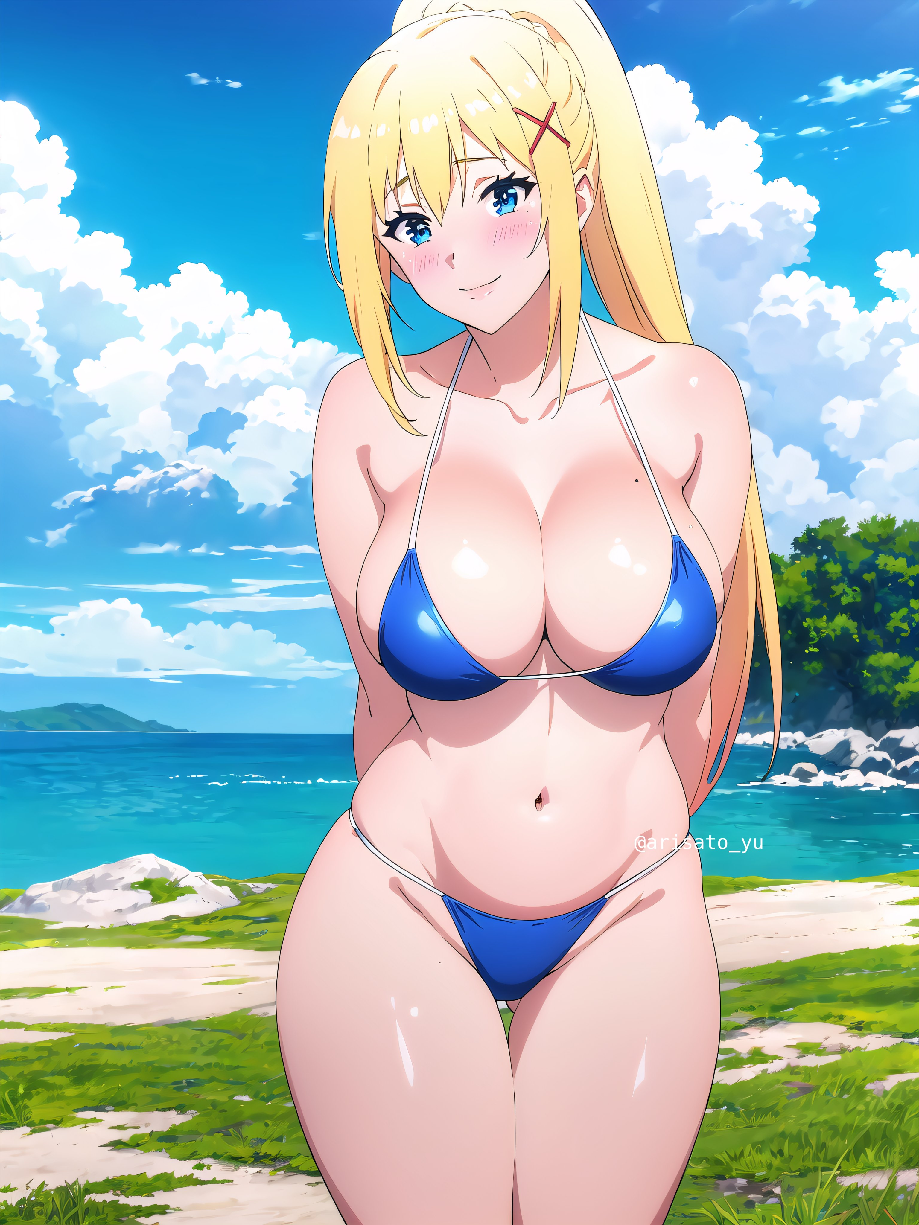 1girls, ai generated, arisato yu, arms behind back, beach, big breasts, blonde hair, blue eyes, breasts, busty, child bearing hips, cleavage, darkness (konosuba), female, female only, kono subarashii sekai ni shukufuku wo!, large breasts, legs, long hair, looking at viewer, navel, ponytail, pose, posing, smile, solo, thighs, voluptuous, water