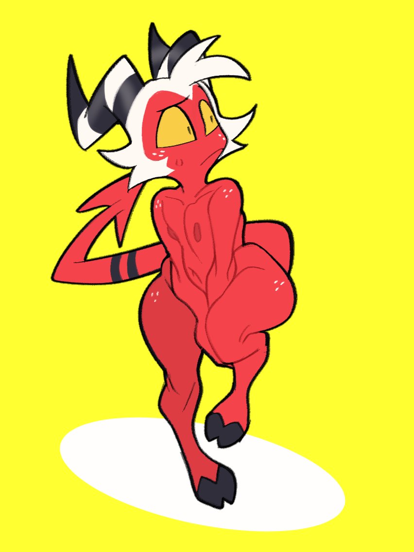 1boy, black eyes, covering, covering crotch, covering self, demon, demon horns, demon tail, frown, helluva boss, horns, imp, male, male only, moxxie (helluva boss), navel, nipples, nude, nude male, red skin, short hair, simple background, solo male, standing on one leg, submarine screw, tail, thighs, white hair, yellow background, yellow sclera