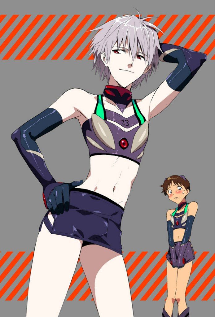 2boys artist_request brown_hair brown_hair_bottom bulge choker collar crop_top crossdressing domination elbow_gloves embarrassed embarrassed_nude_femboy femboy gay girly hiding_erection kaworu_nagisa light_hair_on_dark_hair miniskirt neon_genesis_evangelion shinji_ikari tagme white_hair white_hair_on_brown_hair white_hair_top yaoi