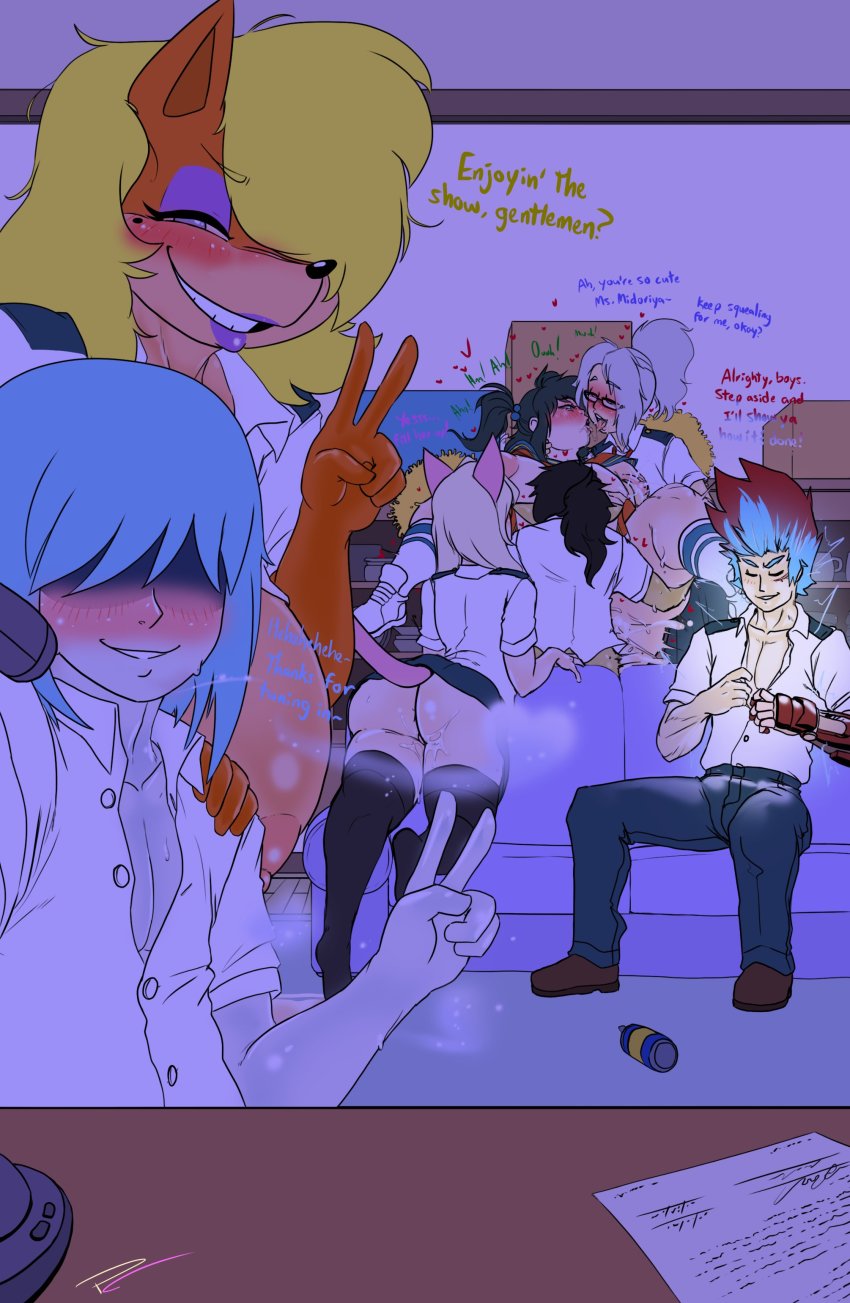 cat ears, cat tail, cheerleader uniform, crossover, cum in pussy, fakeryway, female, my hero academia, original characters, pleasure castle, pussy, saliva string, smug grin
