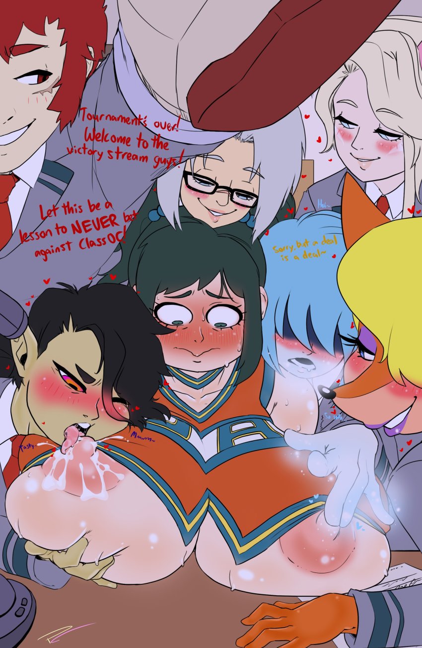 blush, breasts, breasts on table, cheerleader uniform, color coded text, dialogue, fakeryway, female, inko midoriya, lactating, lactation, licking nipples, milf, my hero academia, nervous, nervous expression, original characters, pleasure castle, school uniform, tagme