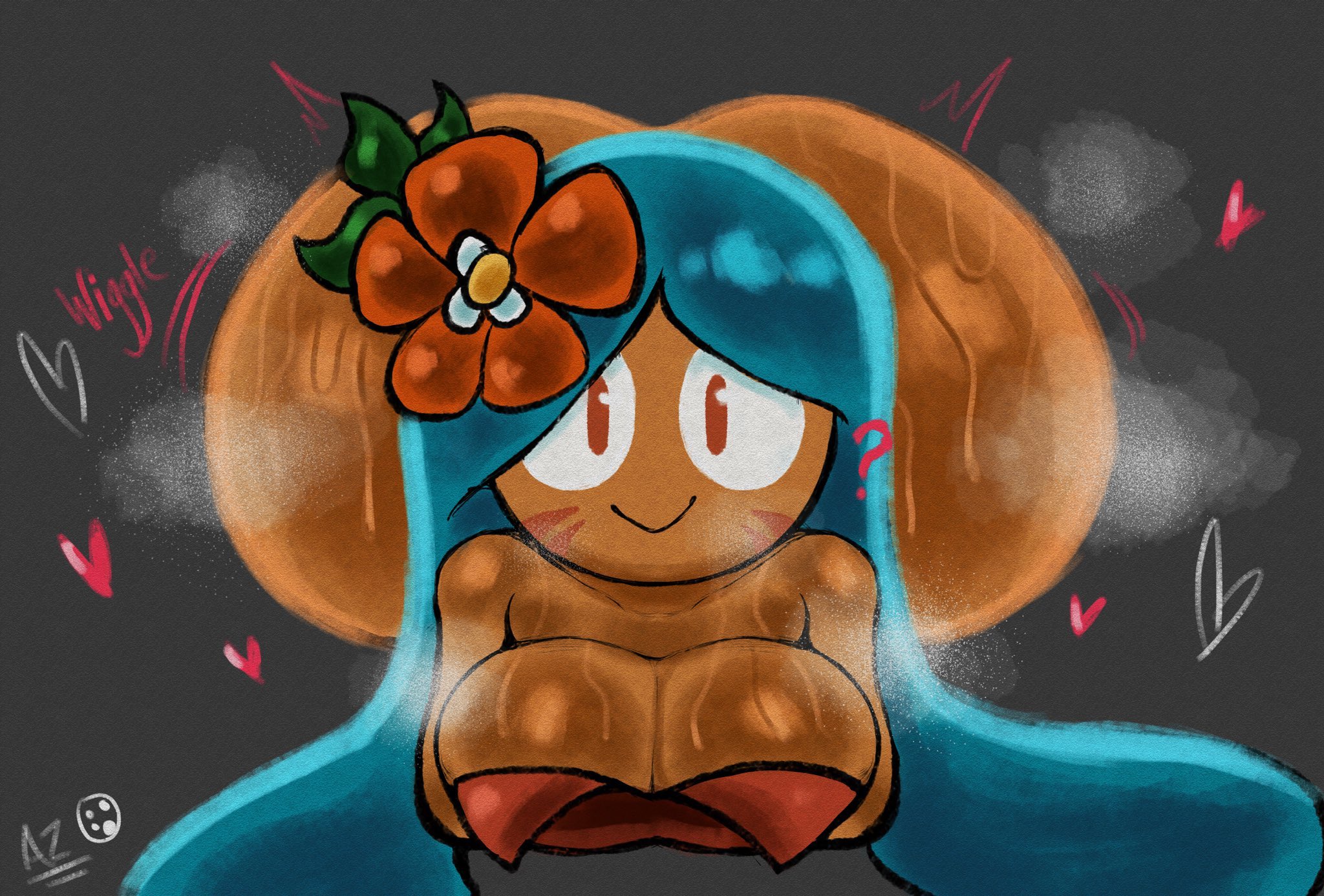 arms crossed, ass, blue hair, breasts, cleavage, cookie run, darkazurensfw, dress, female, female only, flower, flower in hair, front view, headgear, heart, huge ass, huge breasts, hyper ass, laying down, looking at viewer, orange eyes, smile, sweat, tagme, tiger lily cookie, wiggle lines