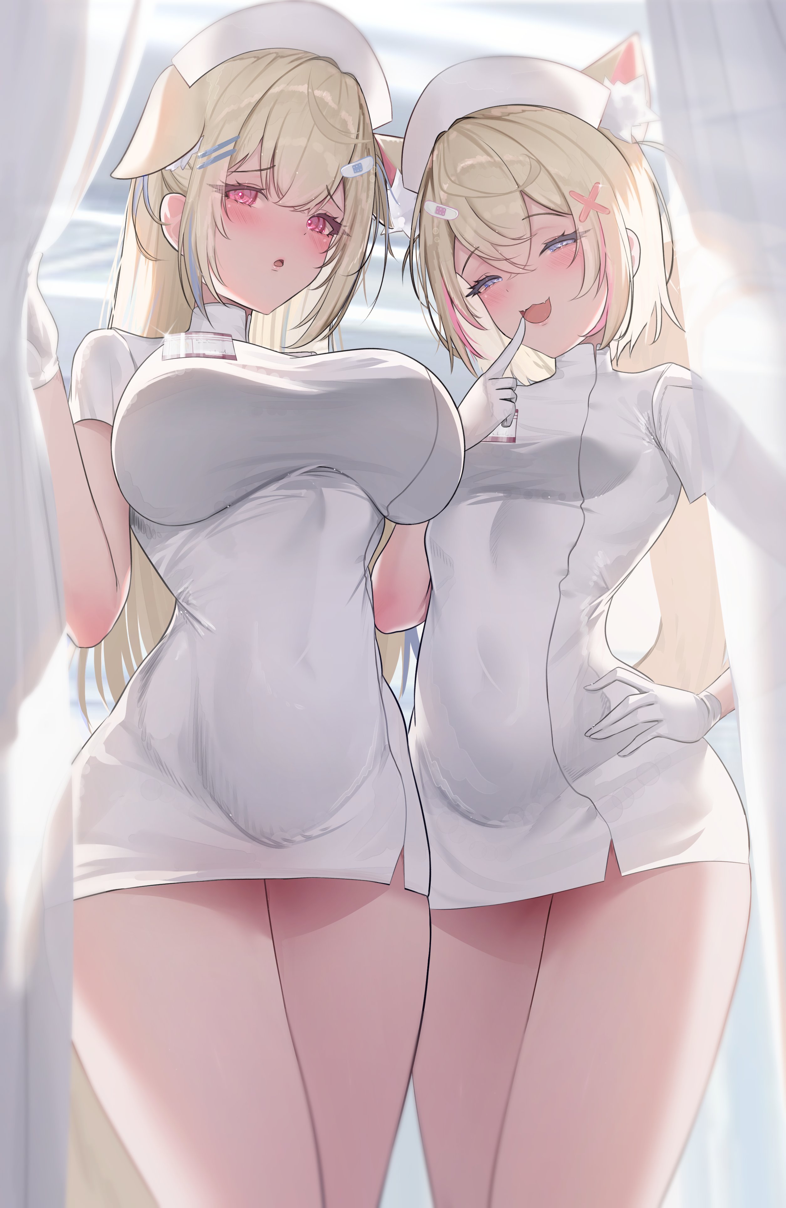 :3, :3d, 2girls, animal ears, blonde hair, blue eyes, breast size difference, breasts, female, fuwamoco, fuwawa abyssgard, gloves, hololive, hololive english, hololive english -advent-, huge breasts, kemonomimi, light skin, light-skinned female, long hair, medium breasts, mococo abyssgard, naughty face, nurse, nurse cap, nurse outfit, nurse uniform, pink eyes, prab, short hair, sisters, thick thighs, virtual youtuber