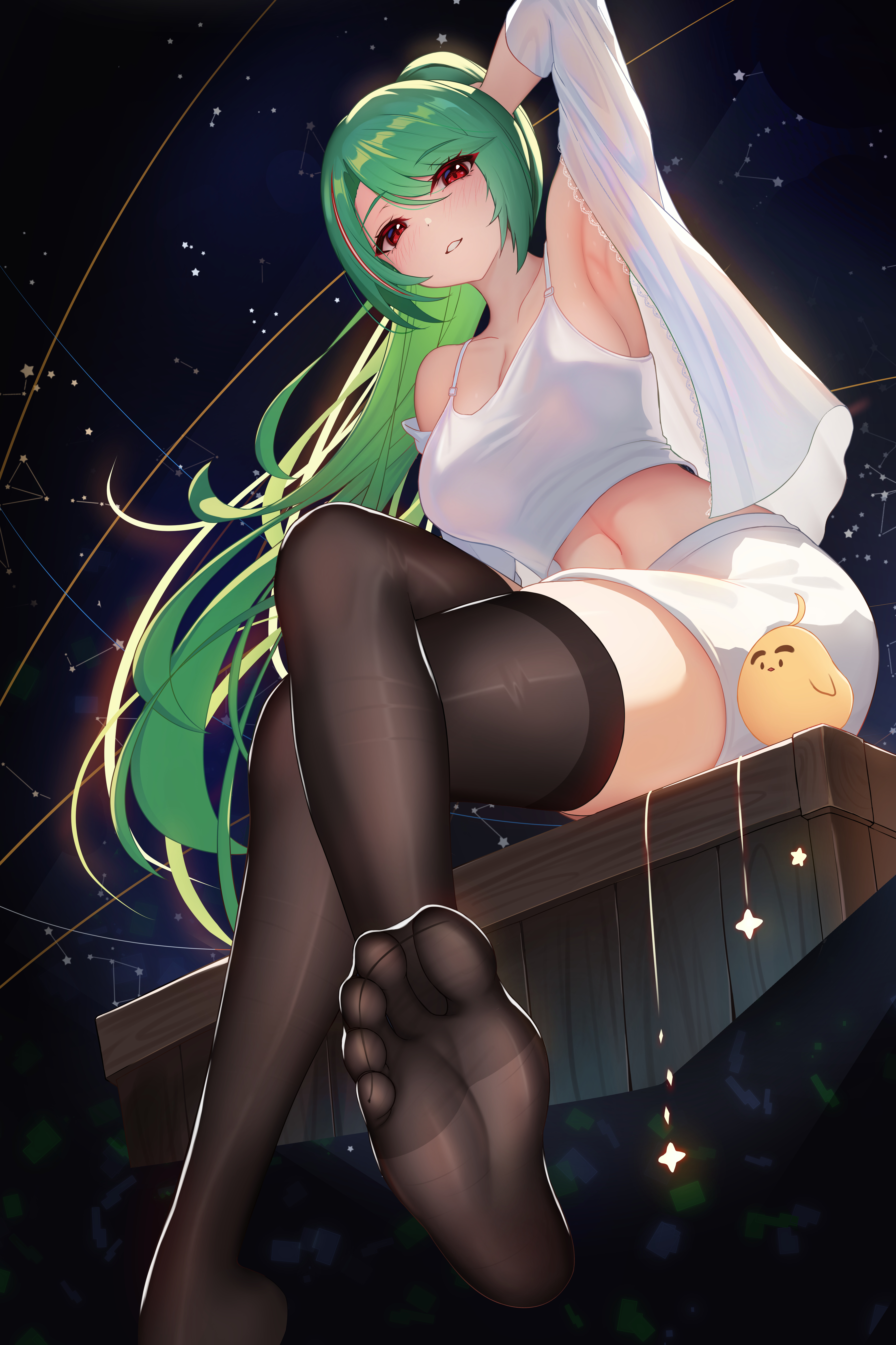 1animal, 1girls, armpit, azur lane, belly button, damao yu, feet, feet towards viewer, female, female only, foot fetish, green hair, light skin, light-skinned female, littorio (azur lane), manjuu (azur lane), red eyes, sardegna empire (azur lane), thighhighs, thighs