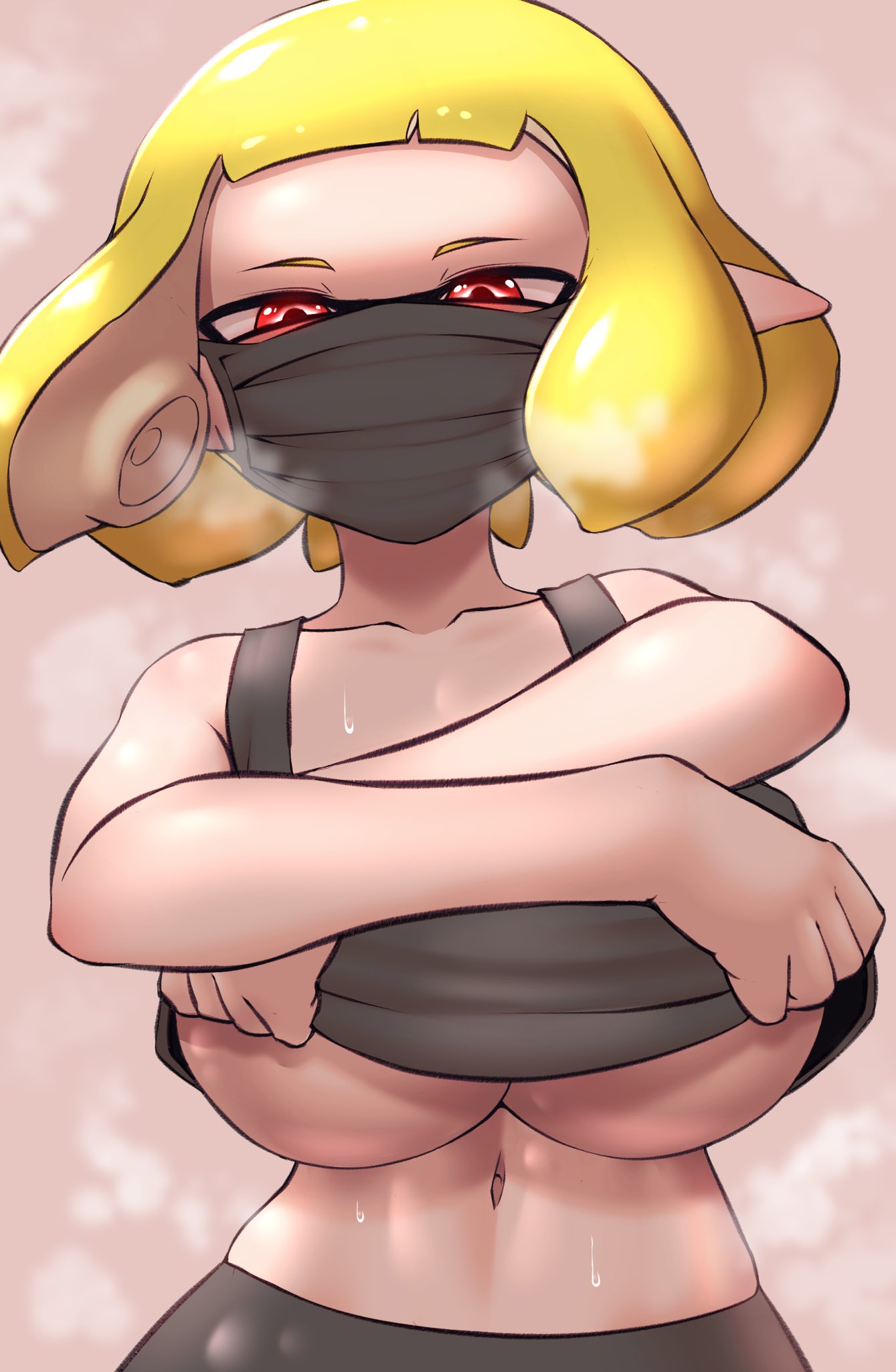 1girls agent_4_(splatoon) big_breasts cleavage face_mask inkling inkling_girl nintendo nobunagapero orange_hair peronattu red_eyes solo splatoon splatoon_2 splatoon_2:_octo_canyon sports_bra sweat tentacle_hair yellow_hair