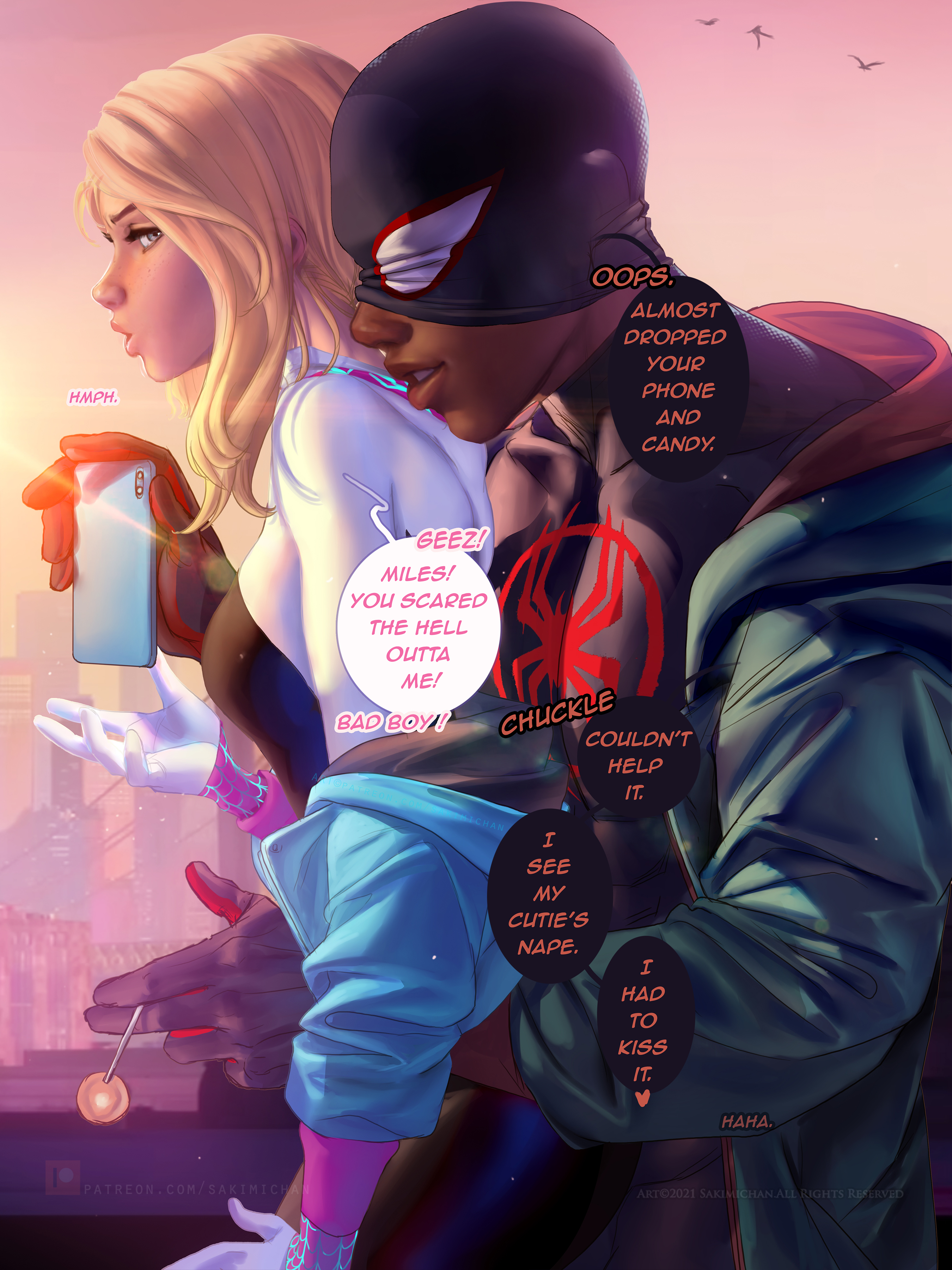 1boy, 1girls, blonde hair, blue eyes, bodysuit, breasts, couple, dark skin, dark-skinned male, female, gwen stacy, interracial, jacket, male, marvel, marvel comics, medium breasts, miles morales, sakimichan, spider-man, spider-man (series), spider-man: into the spider-verse