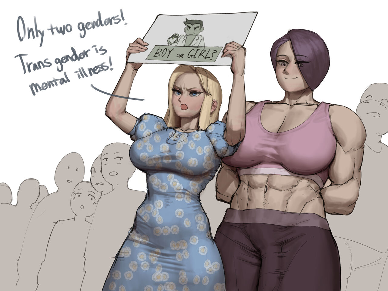 1futa, 1girls, booty shorts, comic, dialogue, english text, female, futanari, imminent rape, intersex, meme, original, original character, tradwife, trans woman, transfem, wjs07, wojak comics