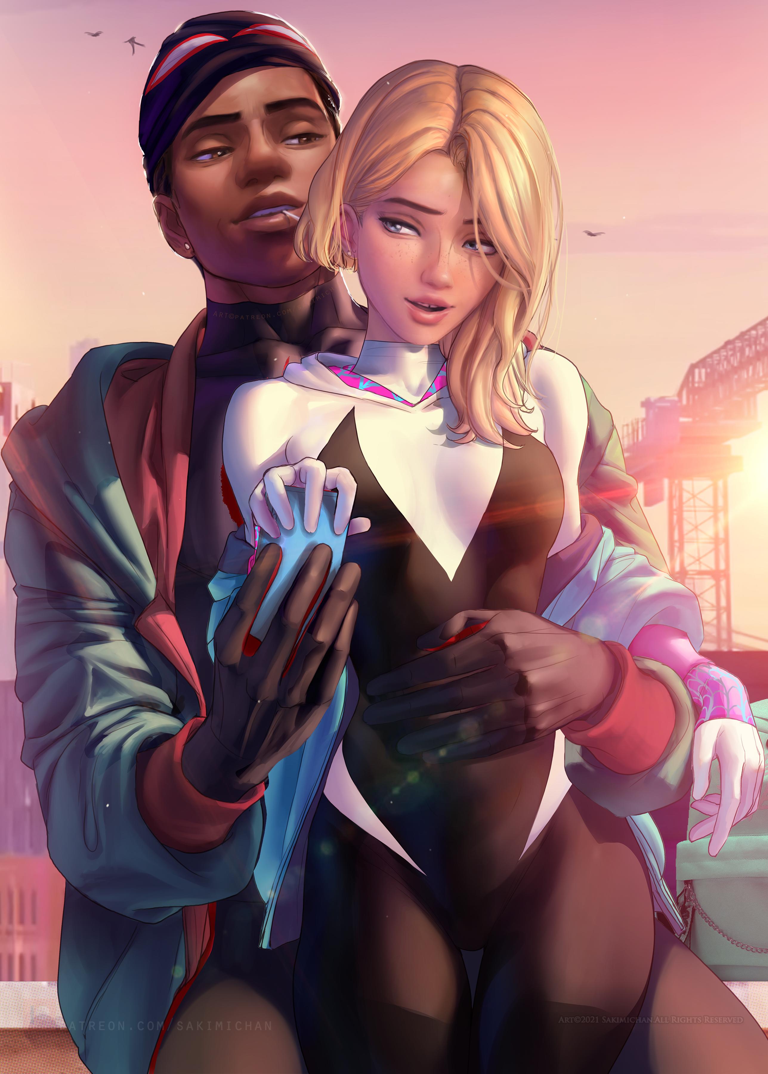 1boy, 1girls, blonde hair, blue eyes, bodysuit, breasts, couple, dark skin, dark-skinned male, female, gwen stacy, interracial, jacket, male, marvel, marvel comics, miles morales, sakimichan, small breasts, spider-man, spider-man (series), spider-man: into the spider-verse