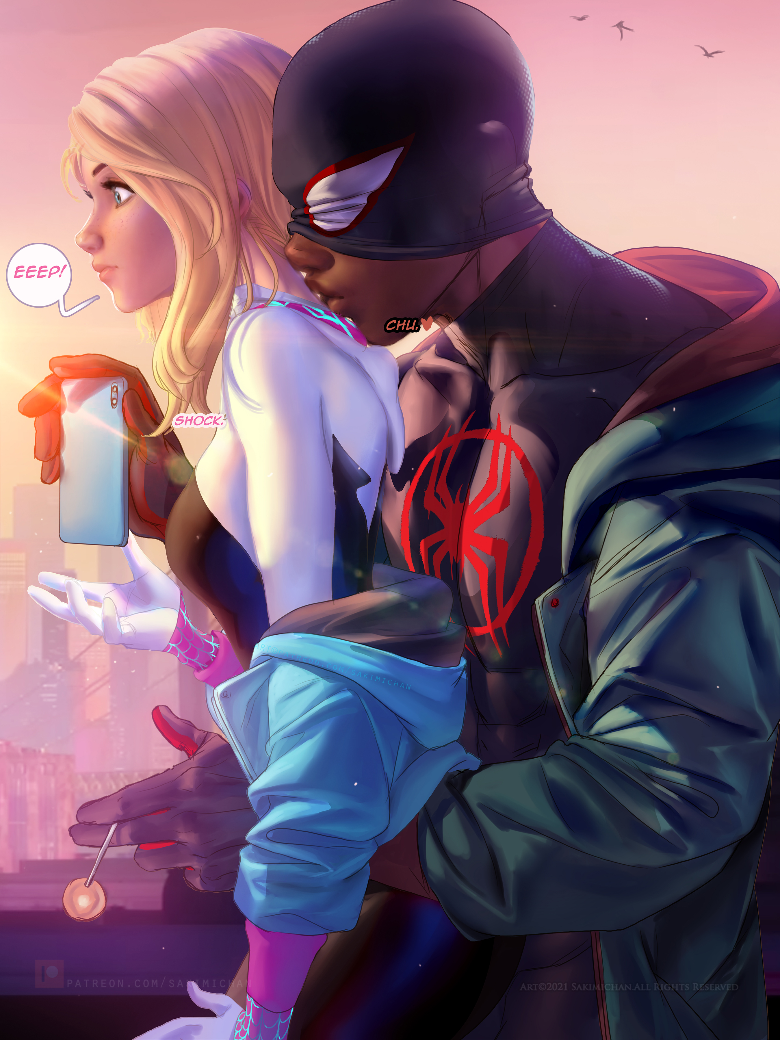 1boy, 1girls, blonde hair, blue eyes, bodysuit, breasts, couple, dark skin, dark-skinned male, female, gwen stacy, interracial, jacket, male, marvel, marvel comics, medium breasts, miles morales, sakimichan, spider-man, spider-man (series), spider-man: into the spider-verse
