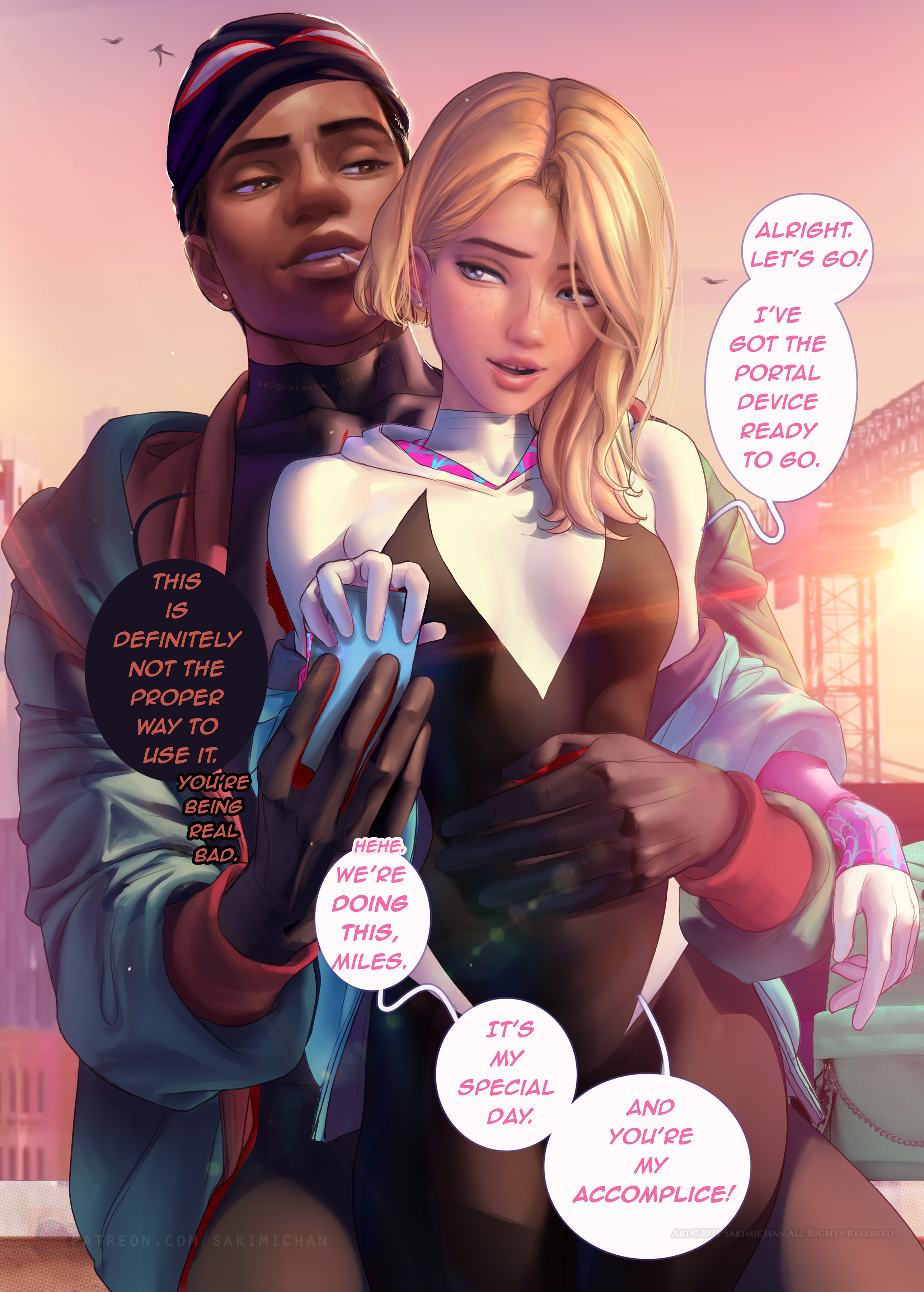 1boy, 1girls, blonde hair, blue eyes, bodysuit, breasts, couple, dark skin, dark-skinned male, female, gwen stacy, interracial, jacket, male, marvel, marvel comics, miles morales, sakimichan, small breasts, spider-man, spider-man (series), spider-man: into the spider-verse