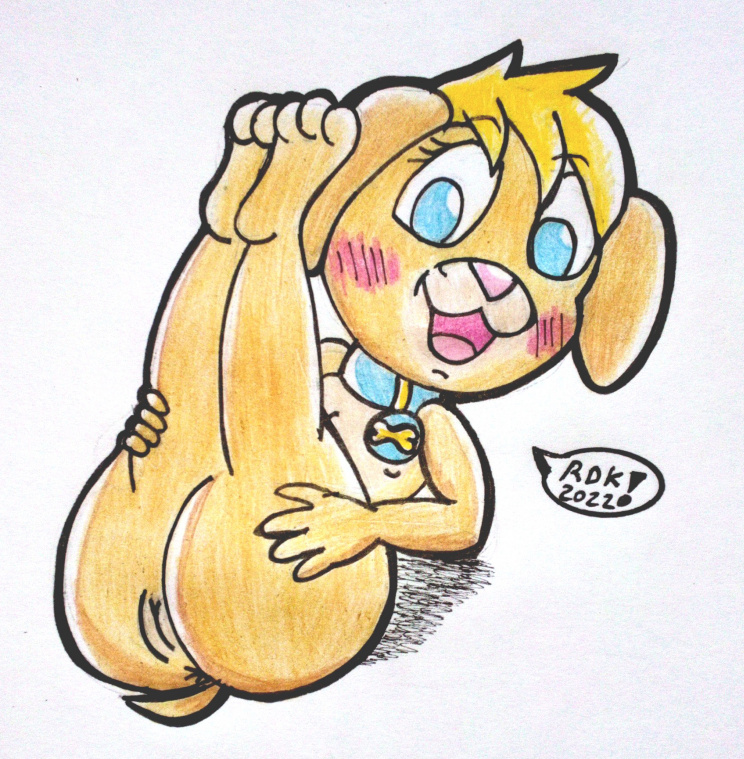 anthro blue_eyes canine cub ella_(paw_patrol) female female_only legs_up on_back paw_patrol pussy reddragonkan traditional_media_(artwork)