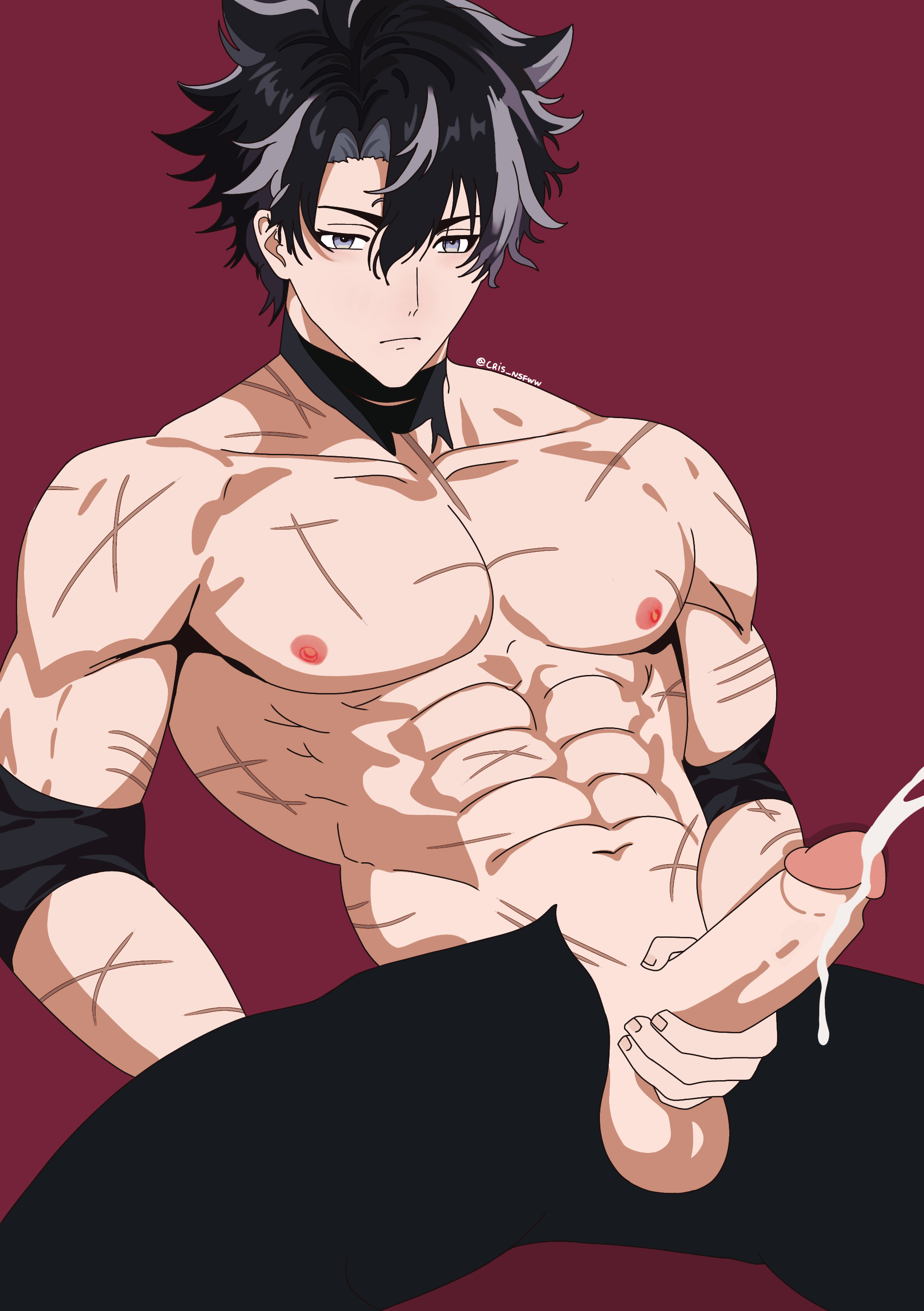 1boy, abs, balls, bara, big balls, big cock, big penis, black hair, cris nsfww, cum, cumming, genshin impact, hard cock, huge cock, male, male focus, male masturbation, male only, masturbation, muscles, muscular, muscular chest, muscular male, nipples, no shirt, penis, scar, scars, scars all over, seated, solo, solo male, wriothesley (genshin impact), yaoi