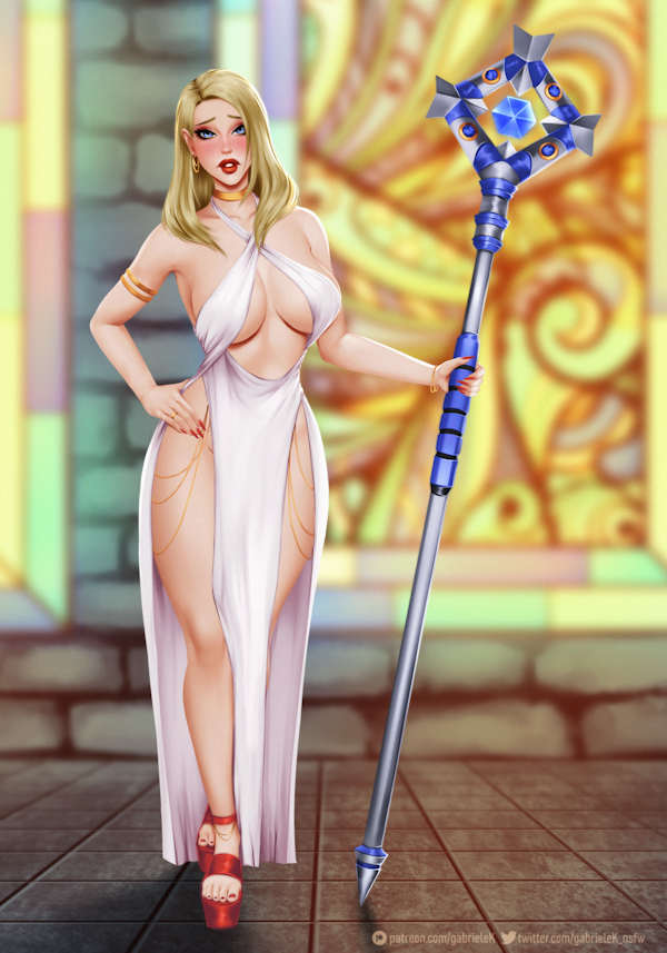 blizzard_entertainment blonde_hair blue_eyes dress female female_only gabrielek high_heels human light_skin makeup original_character posing priest_(warcraft) priestess shana_rose shy staff white_dress world_of_warcraft