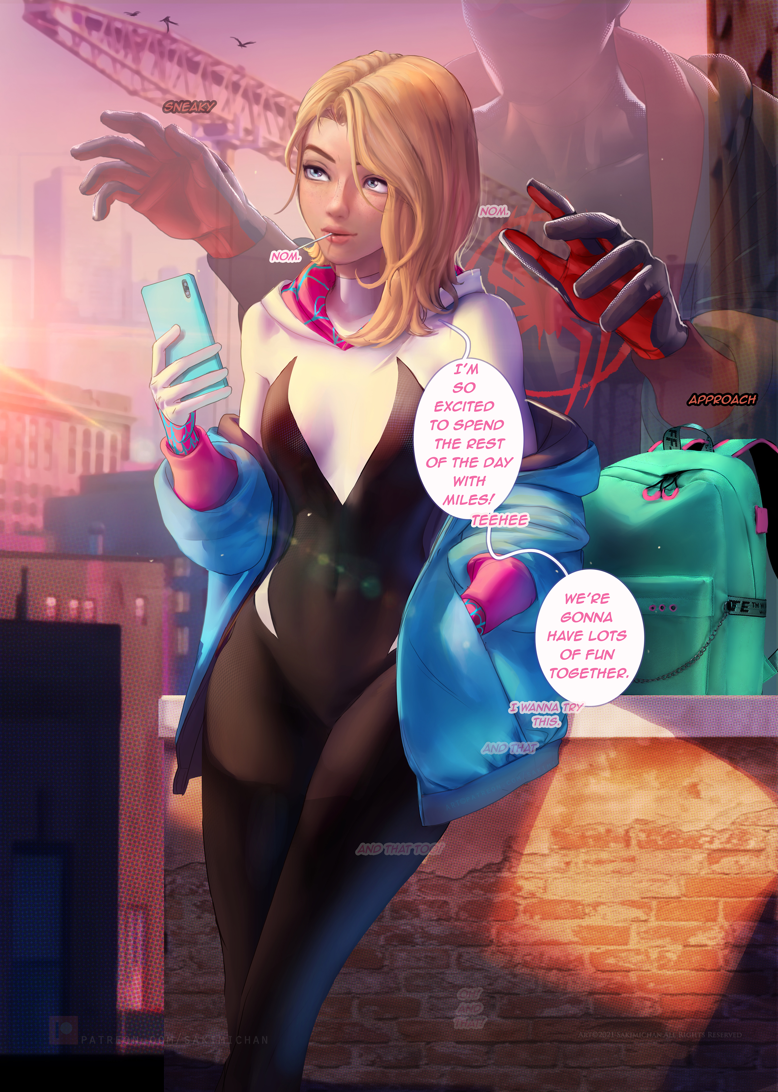 1boy, 1girls, asymmetrical hair, blonde hair, blue eyes, bodysuit, breasts, couple, dark skin, dark-skinned male, female, fully clothed, gwen stacy, interracial, jacket, male, marvel, marvel comics, miles morales, sakimichan, small breasts, spider-man, spider-man (series), spider-man: into the spider-verse