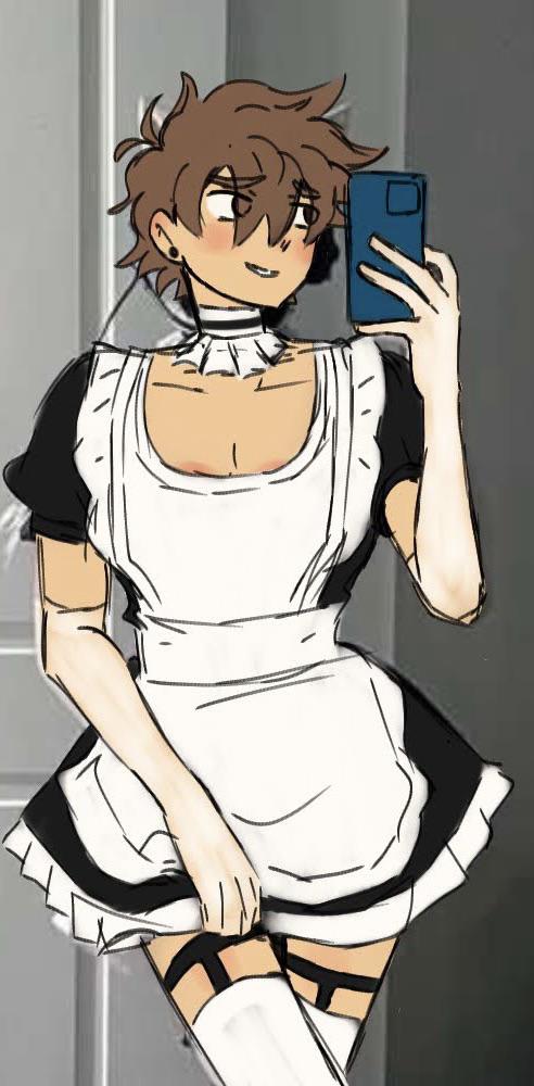 1boy crossdressing femboy feminine_male hero_(omori) maid maid_outfit maid_uniform male male_only mirror_selfie not_porn omori selfie solo