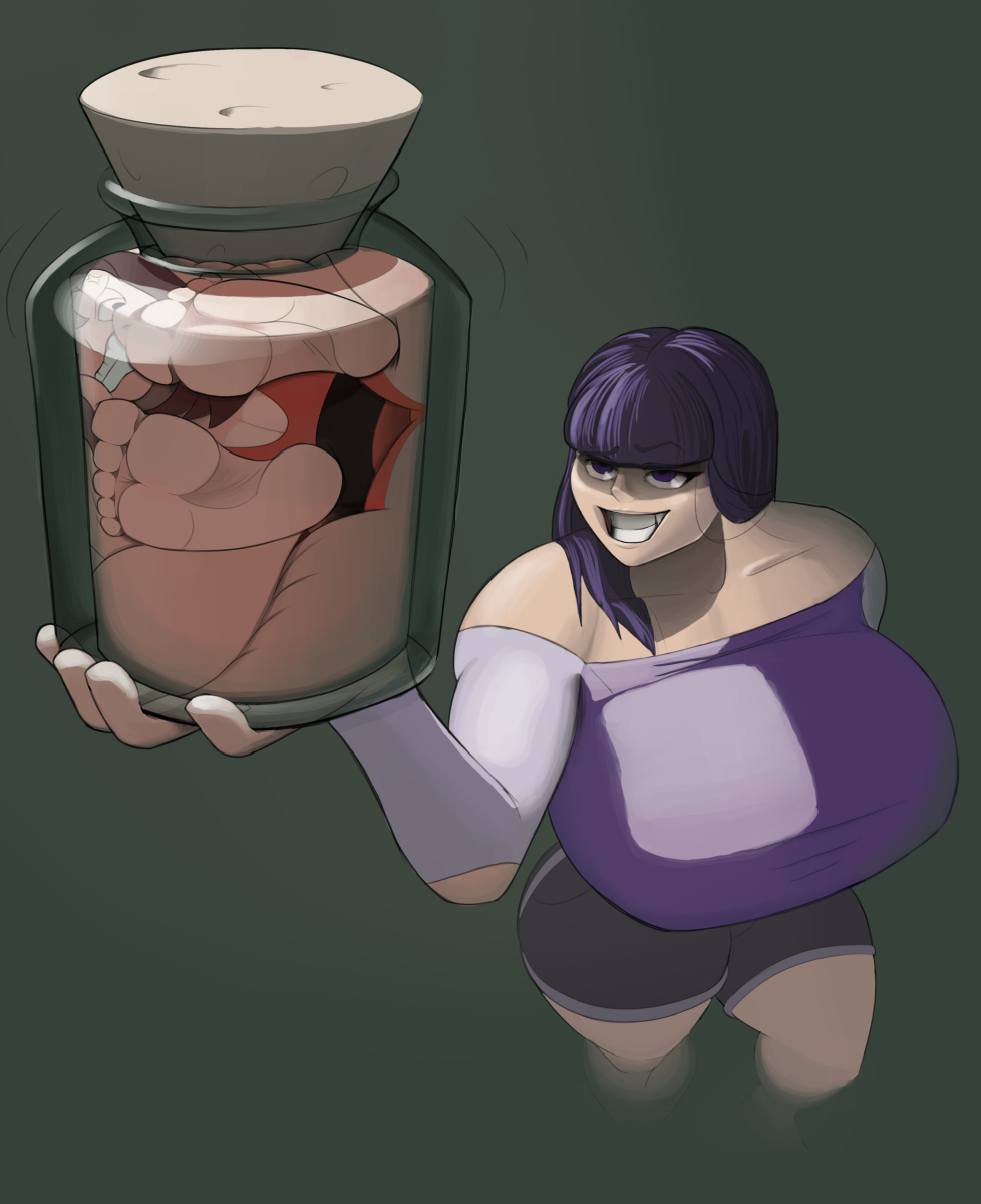 big_breasts big_dom_small_sub bottle feet femdom femsub giantess hallie_(thekid) jar large_breasts original original_character purple_eyes purple_hair smile stuffed thekid trapped