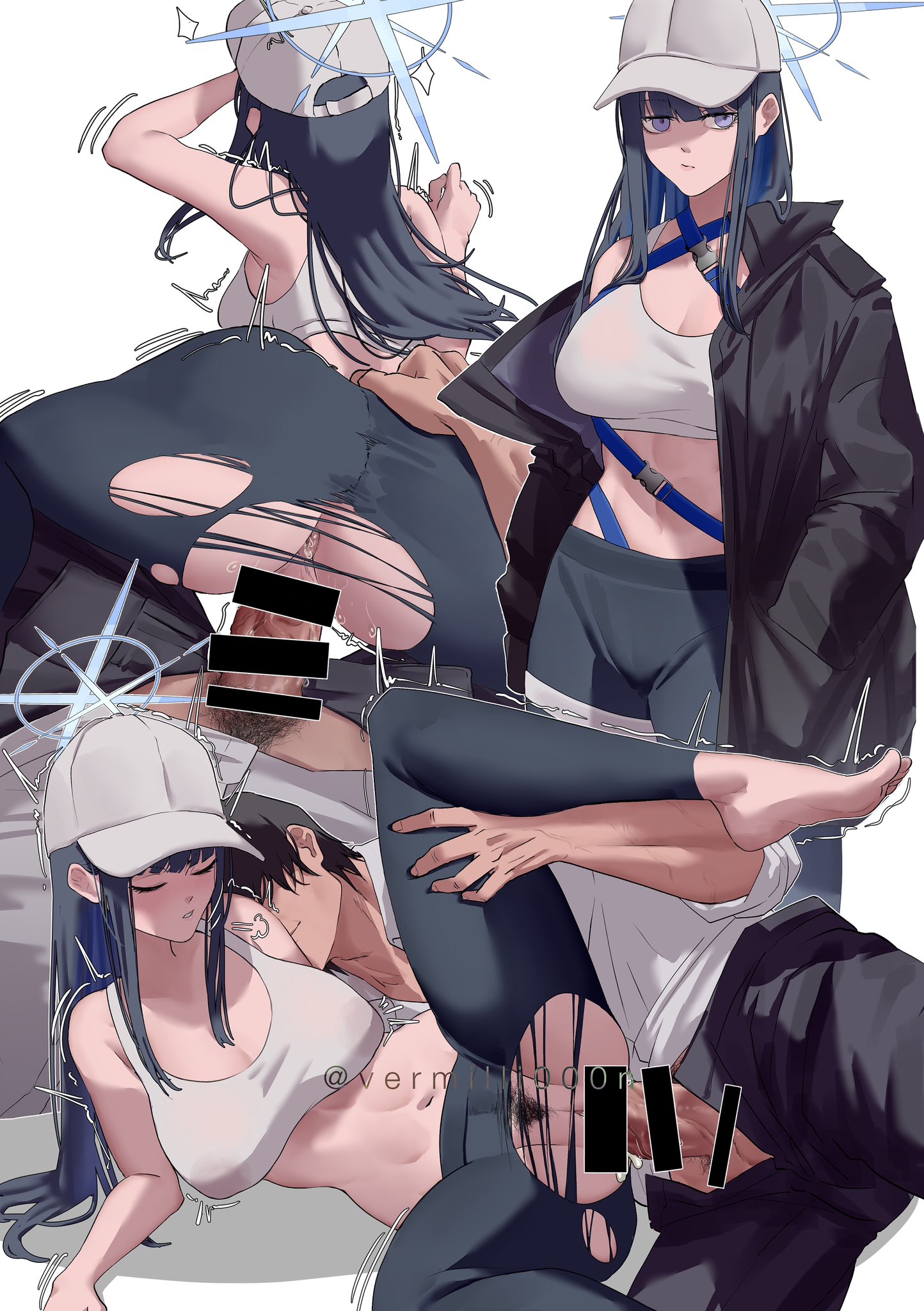 1boy, 1girls, arius satellite school student, arius squad (blue archive), big breasts, black hair, blue archive, breasts, cap, censor bar, censored, female, fucked from behind, halo, hat, leggings, light skin, light-skinned female, light-skinned male, long hair, male, ripped clothing, ripped leggings, saori (blue archive), sports bra, streetwear, vermilli000n