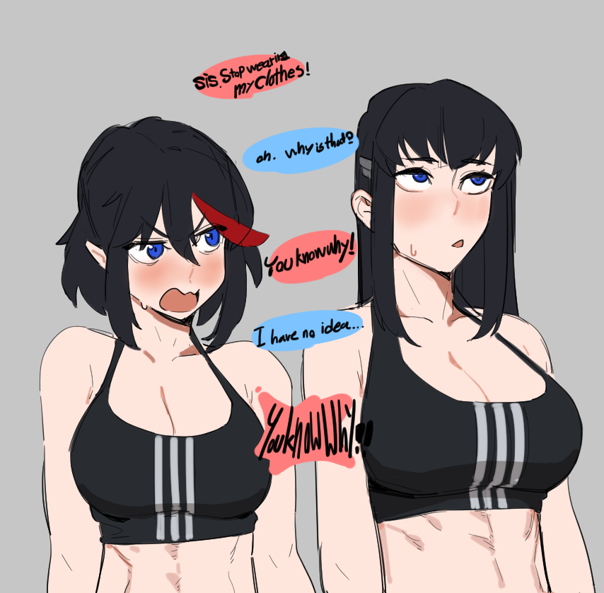 2girls black_hair blue_eyes blush breasts cleavage embarrassed english_text female female_only fully_clothed hirundo_rustica hong_doo human kill_la_kill kiryuuin_satsuki large_breasts matoi_ryuuko medium_breasts medium_support_(meme) multicolored_hair multiple_girls red_hair short_hair sisters sports_bra text two-tone_hair