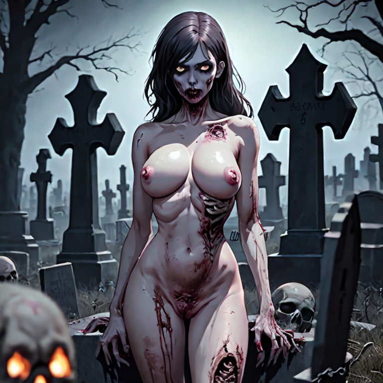 ai_generated black_hair blood breasts glowing_eyes graveyard holes_in_body naked naked_female nipples original original_character skulls tombstones undead wounds zombie zombie_girl