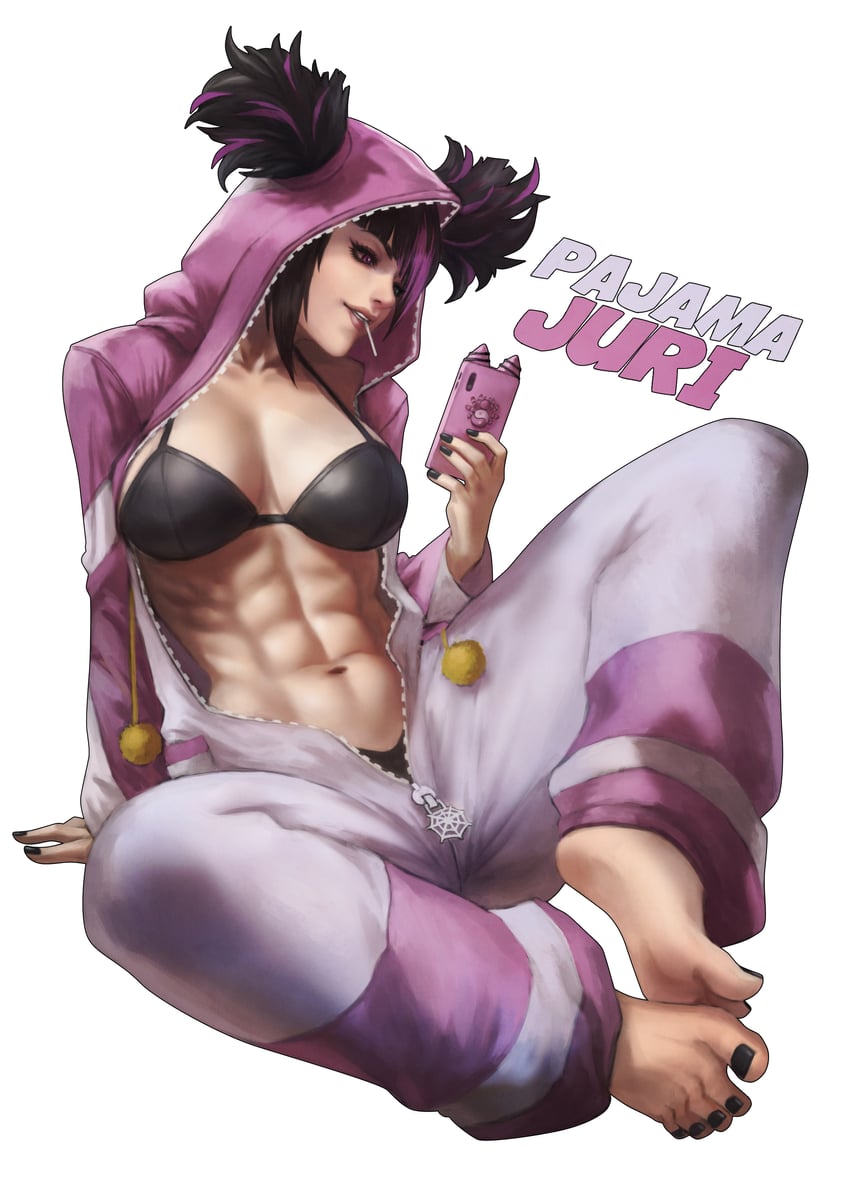 abs absurdres barefoot big_breasts black_bra black_hair black_nails black_toenails bra breasts candy capcom cellphone character_name clothed clothed_female clothing cosplay feet female food highres hood hood_up juri_han kigurumi lollipop monorirogue multicolored_hair muscular muscular_female nail_polish navel official_alternate_costume official_alternate_hairstyle pajamas phone pink_pajamas purple_hair simple_background sitting smartphone smartphone_case smile soles solo stomach streaked_hair street_fighter street_fighter_6 toenail_polish toenails toes toned toned_female twintails underwear unzipped zipper_pull_tab