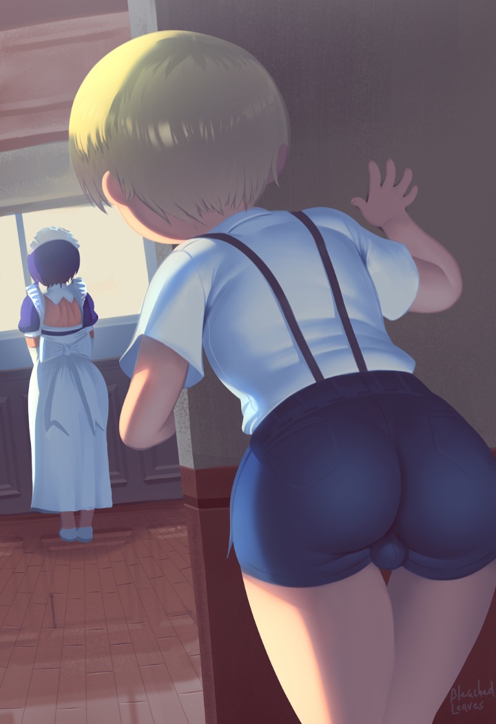 1boy 1girls ass ass_focus black_hair bleachedleaves blonde_hair bulge dark-skinned_female dark_skin lilith_(saikin_yatotta_maid_ga_ayashii) maid maid_headdress maid_uniform male_focus saikin_yatotta_maid_ga_ayashii shorts tight_shorts yuuri_(saikin_yatotta_maid_ga_ayashii)