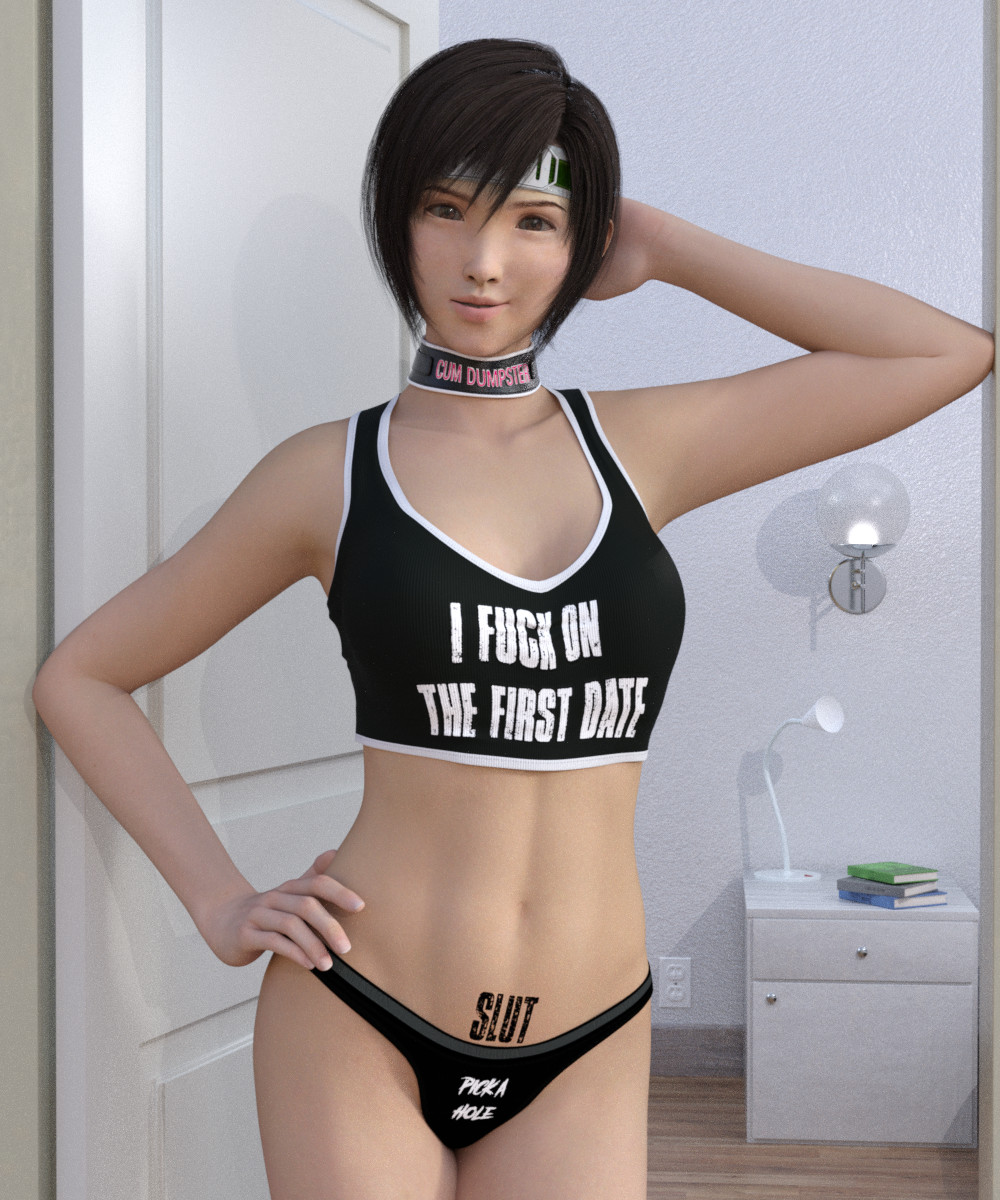 1girls, 3d, abs, absurd res, armpits, arms up, athletic, athletic female, bare midriff, black hair, black-haired female, breasts, brown eyes, brown hair, busty, choker, crop top, english text, female, female focus, female only, final fantasy, final fantasy vii, funny shirt, headband, hourglass figure, human, human only, kunoichi, light skin, light-skinned female, looking at viewer, navel, ninja, pinup, pinup pose, pixie cut, seductive, short hair, standing, suggestive clothes, tagme, text on clothing, text on panties, text on shirt, text on topwear, thong, tomboy, toned, toned female, v1rwr, wide hips, young, young female, yuffie kisaragi