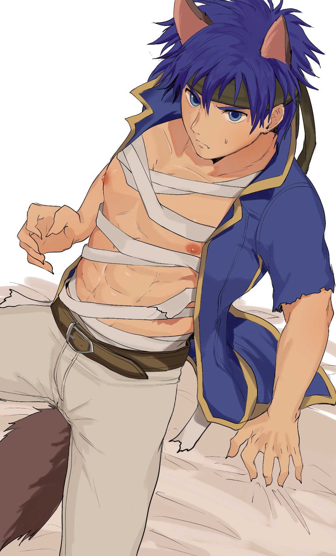 1boy abs animal_ears bandages bed_sheet belt blue_eyes blue_hair blue_jacket closed_mouth collarbone commentary_request dog_boy fake_animal_ears fake_tail fire_emblem fire_emblem:_path_of_radiance from_above frown gold_trim green_headband grey_pants headband highres ike_(fire_emblem) jacket male male_focus male_only mimummom muscular muscular_male nintendo nipples open_clothes open_jacket pants petplay short_hair simple_background sitting solo sweat tail white_background