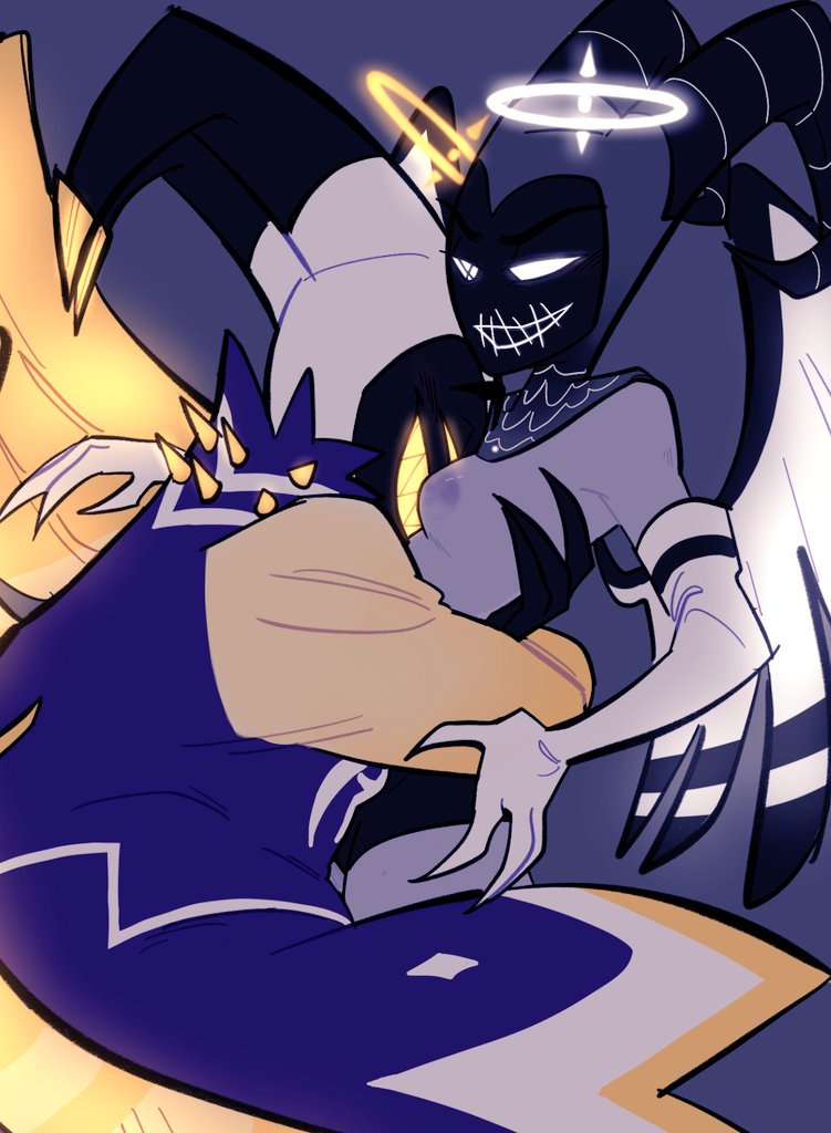 adam (hazbin hotel), angel, angel humanoid, archangel, black body, black feathers, breasts, claws, dilf, duo, exorcist (hazbin hotel), fangs, feathers, female, glowing, glowing eyes, grey body, grey feathers, halo, hazbin hotel, hellaverse, helmet, hi res, horn, humanoid, lute (hazbin hotel), male, male/female, mature male, nipples, open mouth, open smile, partially clothed, power (angel), smile, straight, thick thighs, wings