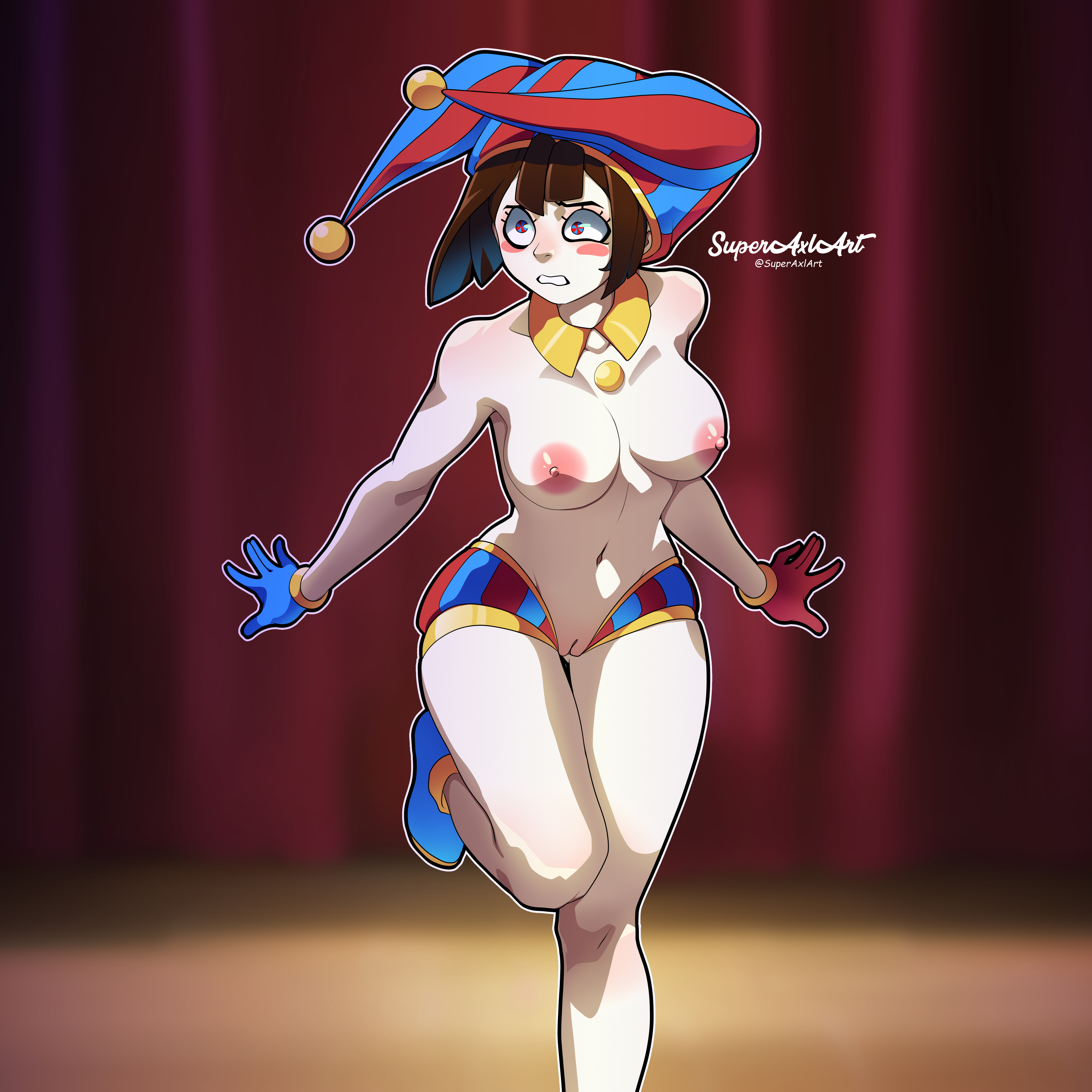 1girls, 2023, 2d, 2d (artwork), 2d artwork, black hair, breasts, brown hair, female, female focus, female only, glitch productions, gloves, gooseworx, jester, jester costume, jester hat, jester outfit, light skin, light-skinned female, medium breasts, nipples, open clothes, pale skin, pale-skinned female, pomni (the amazing digital circus), pussy, short hair, solo, solo female, solo focus, superaxlart, the amazing digital circus, white body