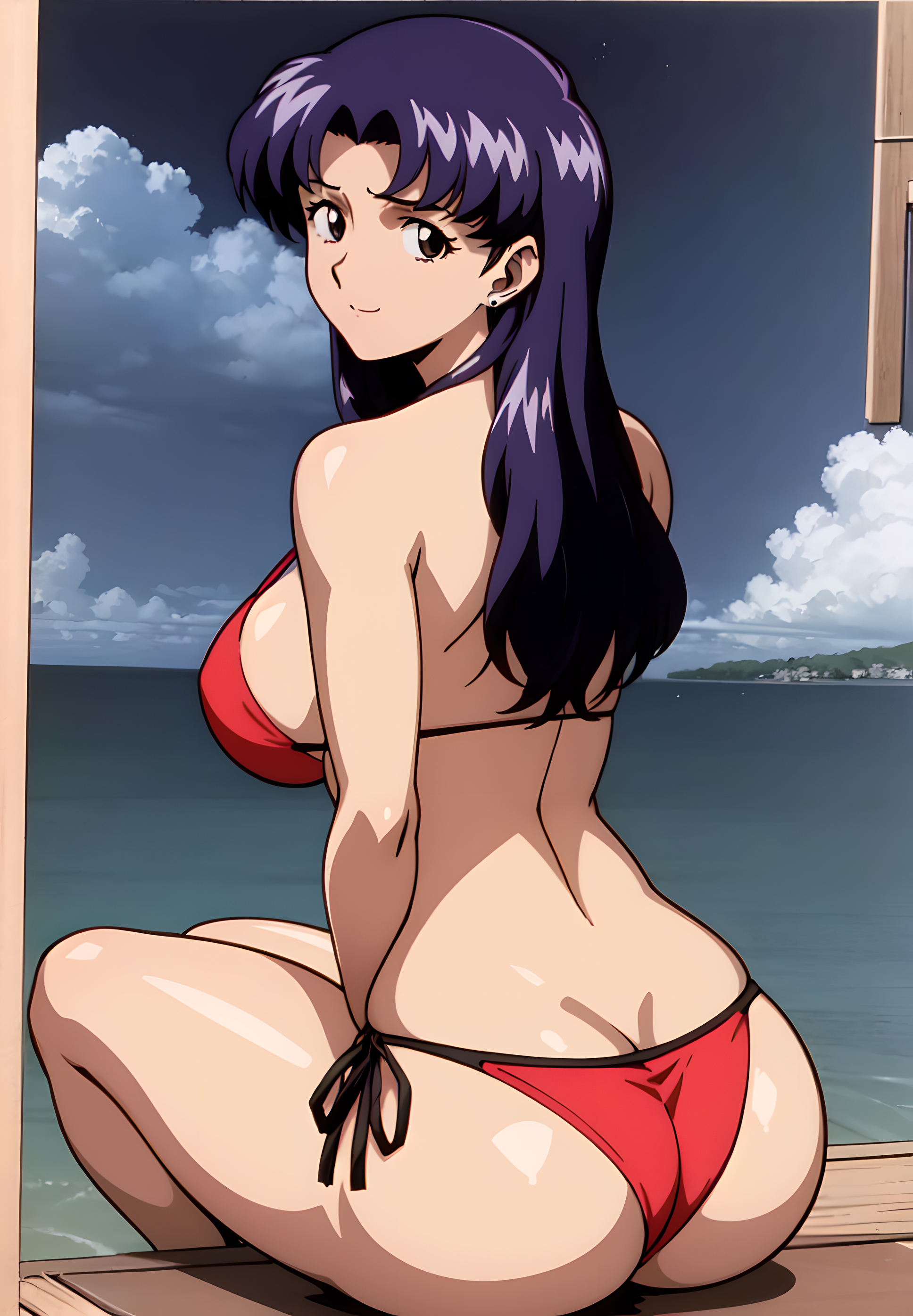 1girls, ai generated, ass, back view, big ass, big butt, bikini, breasts, female, female only, looking at viewer, misato katsuragi, nai diffusion, neon genesis evangelion, seaside, side-tie panties, sideboob, solo, stable diffusion, tagme