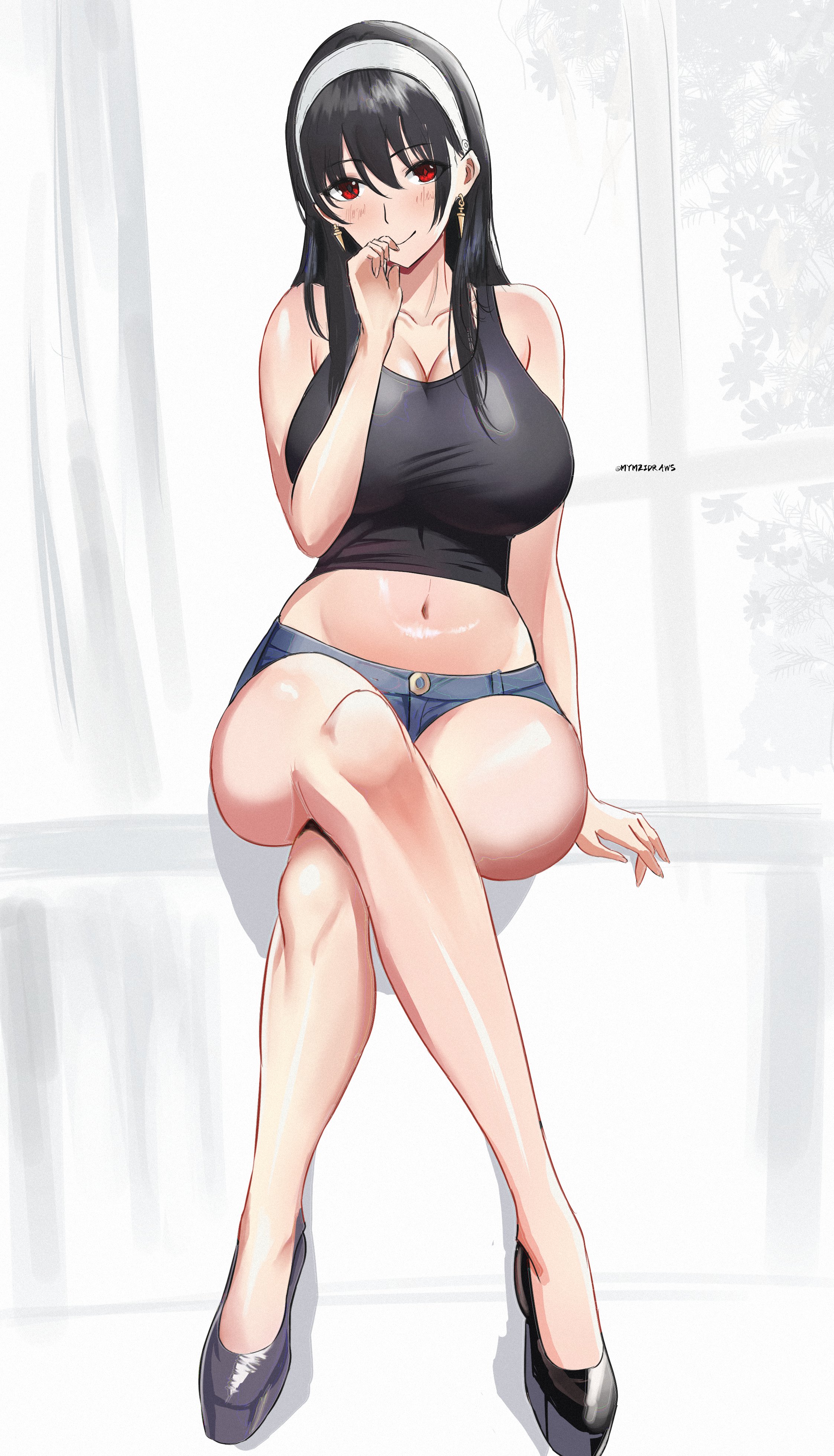 1girls, belly, belly button, big breasts, black hair, black shirt, black tank top, blush lines, blushing, blushing at viewer, breasts, earrings, eyes visible through hair, female, hairband, high heels, huge breasts, light skin, light-skinned female, mymzi (mymzidraws), red eyes, short jeans, simple background, smiling, smiling at viewer, spy x family, tank top, yor briar, yor forger