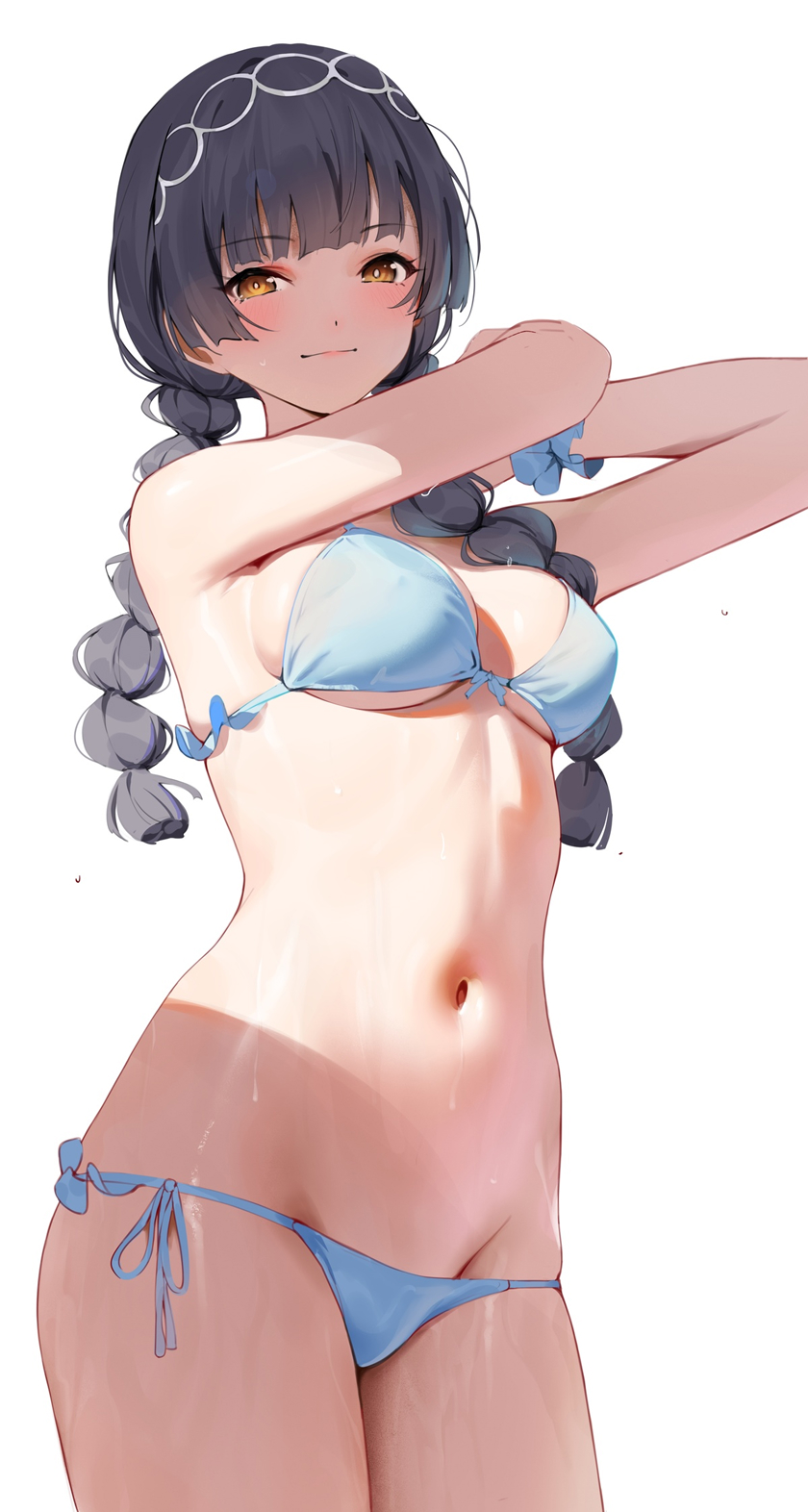 alternate hairstyle, belly, belly button, bikini, braid, braided hair, breasts, cowboy shot, crotch, female, gin00, hairband, idolmaster, idolmaster shiny colors, large breasts, mayuzumi fuyuko, navel, raised arms, smile, sweaty body, swimsuit, twin braids, wet skin