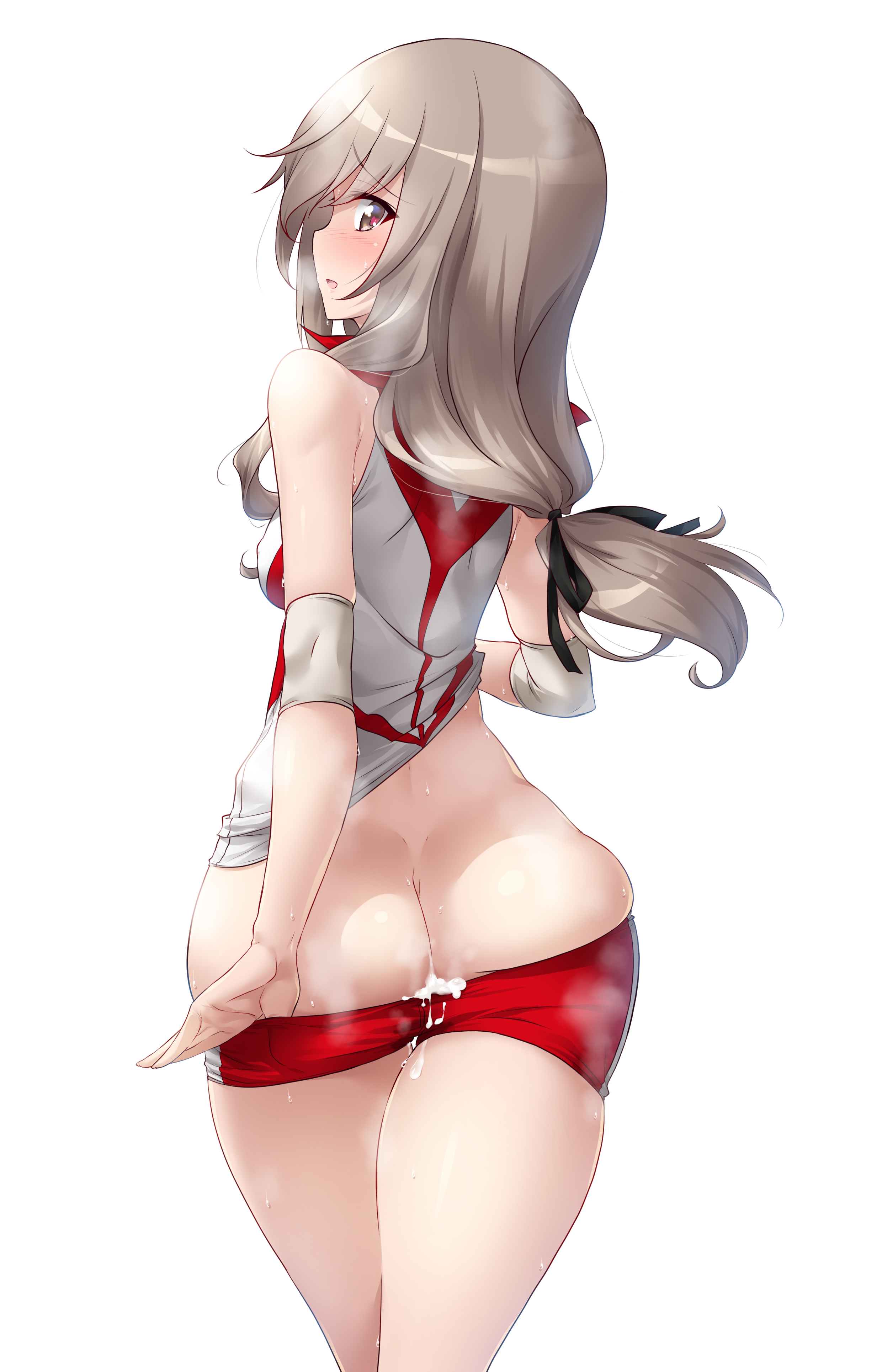 after sex, alternate costume, ass, blush, brown hair, cum, cum drip, cum in pussy, cum wearing, female, from behind, girls und panzer, kuzuryuu kennosuke, looking back, milf, pussy, shimada chiyo, shorts pull, solo, solo female