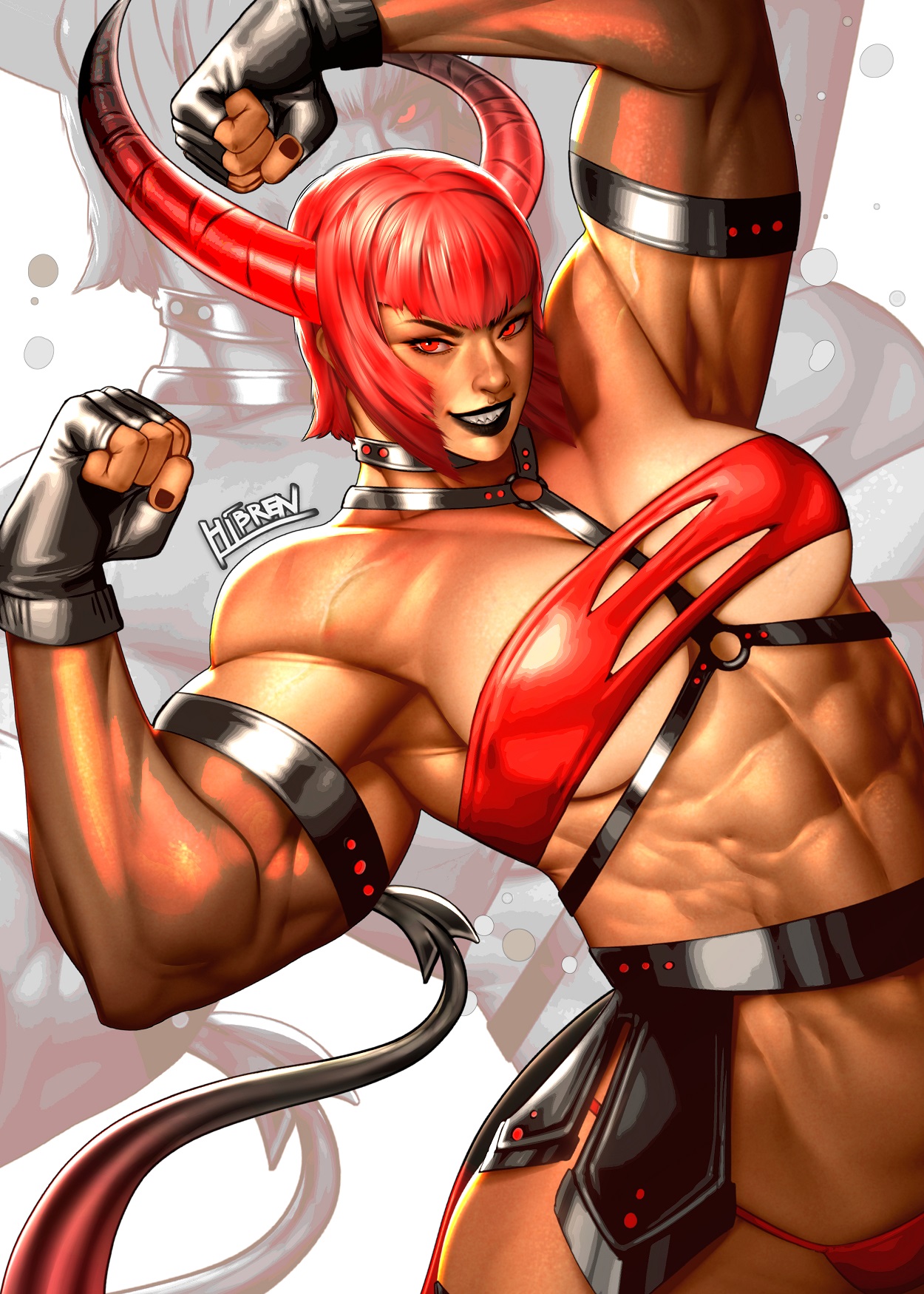 1girls, abs, arm strap, armpits, artist name, ass, bare shoulders, biceps, big ass, big breasts, black lipstick, breasts, capcom, choker, cleavage, cosplay, demon, demon girl, demon horns, demon tail, female, hi res, hibren, horns, lipstick, looking at viewer, marisa rossetti, medium breasts, muscular, muscular arms, muscular female, nail polish, red eyes, red hair, sharp teeth, signature, smile, solo, street fighter, street fighter 6, succubus, tail, thong, underboob