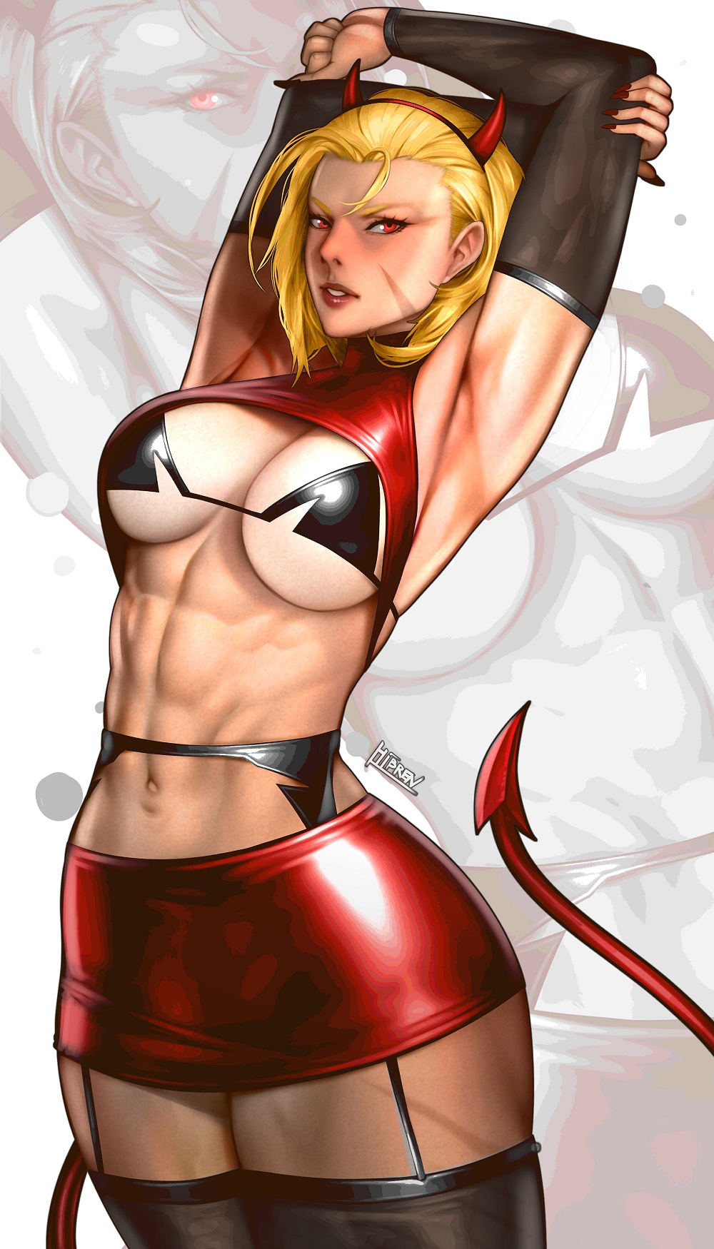 1girls abs armpits arms_behind_head arms_up artist_name ass big_ass big_breasts black_bra blonde_hair bra cammy_white capcom cosplay cowboy_shot demon_girl fake_horns hibren horns looking_at_viewer miniskirt nail_polish navel parted_lips red_eyes red_nails short_hair signature solo street_fighter street_fighter_6 succubus tail thick_thighs thighhighs thunder_thighs toned wide_hips