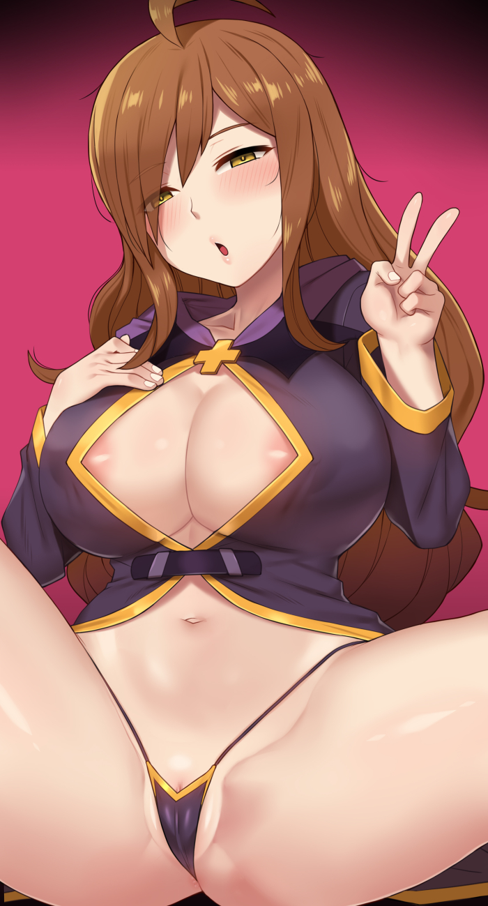 ahoge, anus, anus peek, ass, blush, breasts, brown eyes, brown hair, cameltoe, center opening, cleavage, cleft of venus, clitoris, clitoris slip, collarbone, commentary, covered nipples, female, gradient background, half-closed eyes, hand on own chest, higher resolution available, highres, kono subarashii sekai ni shukufuku wo!, large breasts, long hair, long sleeves, looking at viewer, micro panties, navel, nt00, open mouth, panties, pink background, pussy, pussy peek, revision, robe, sitting, solo, spread legs, stomach, thighs, underwear, v, wiz (konosuba)