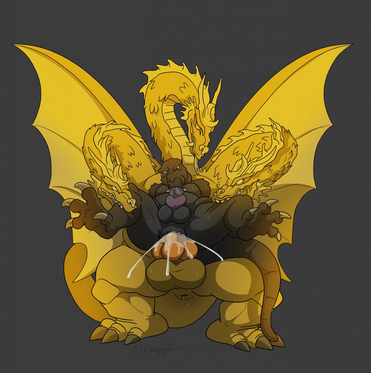 2boys, anus, autofellatio, balls, conjoined, creepy gun, cum, dragon, dubious consent, duo, duo focus, ghidorah (species), godzilla, godzilla (series), kaiju, king ghidorah, male, male focus, male only, male/male, monster cock, multi genitalia, multi head, multi penis, penis, rape, size difference, tagme, triphallia, triple penetration, wings