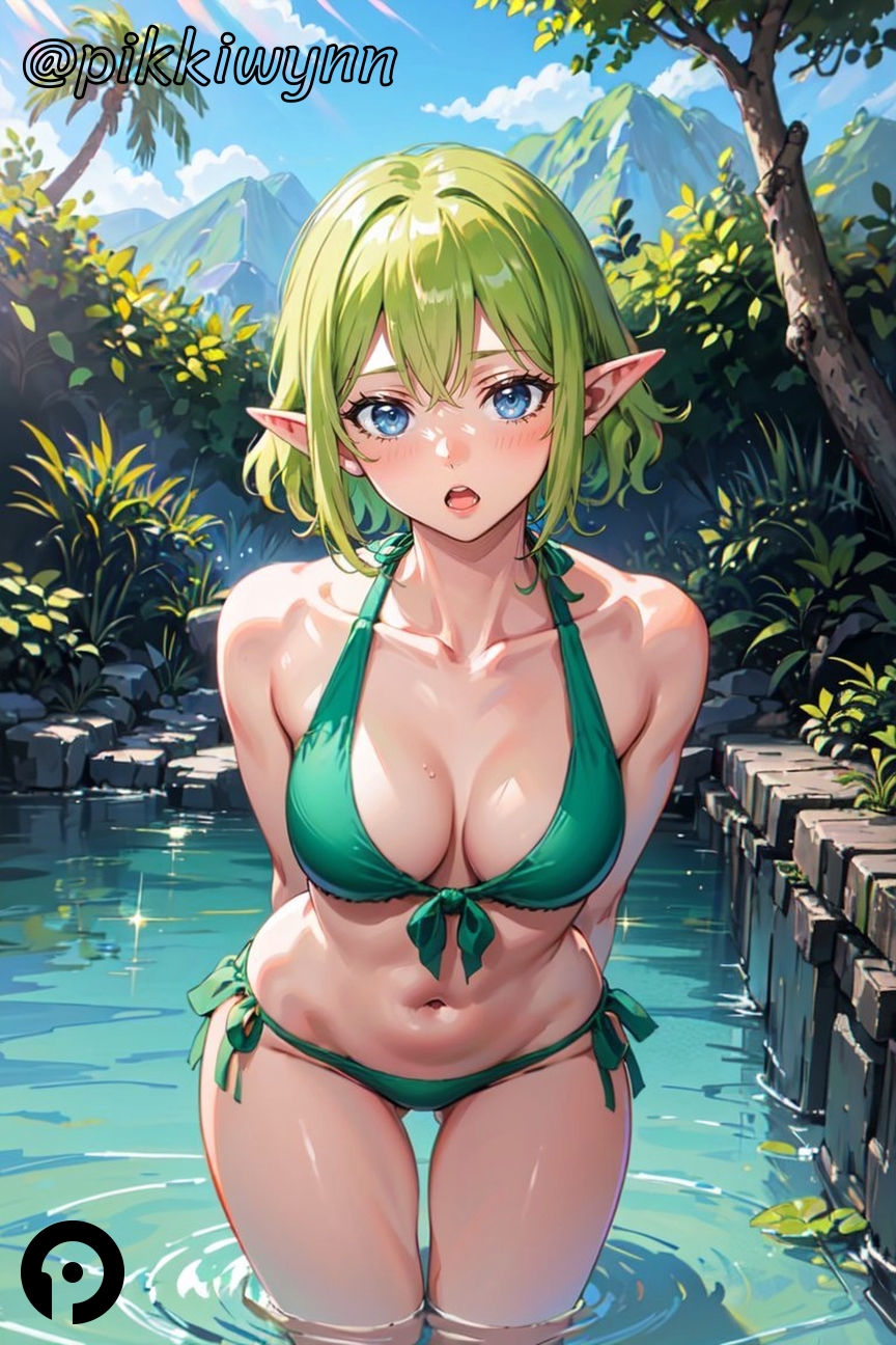 ai_generated arms_behind_back ass_visible_through_thighs bangs bare_shoulders bikini blue_eyes blush breasts cleavage collarbone day dungeon_ni_deai_wo_motomeru_no_wa_machigatteiru_darou_ka elf female front-tie_top green_bikini green_hair halterneck looking_at_viewer navel open_mouth outdoors pikkiwynn pointy_ears ryuu_lion short_hair side-tie_bikini_bottom sky solo stomach swimsuit tree wading water