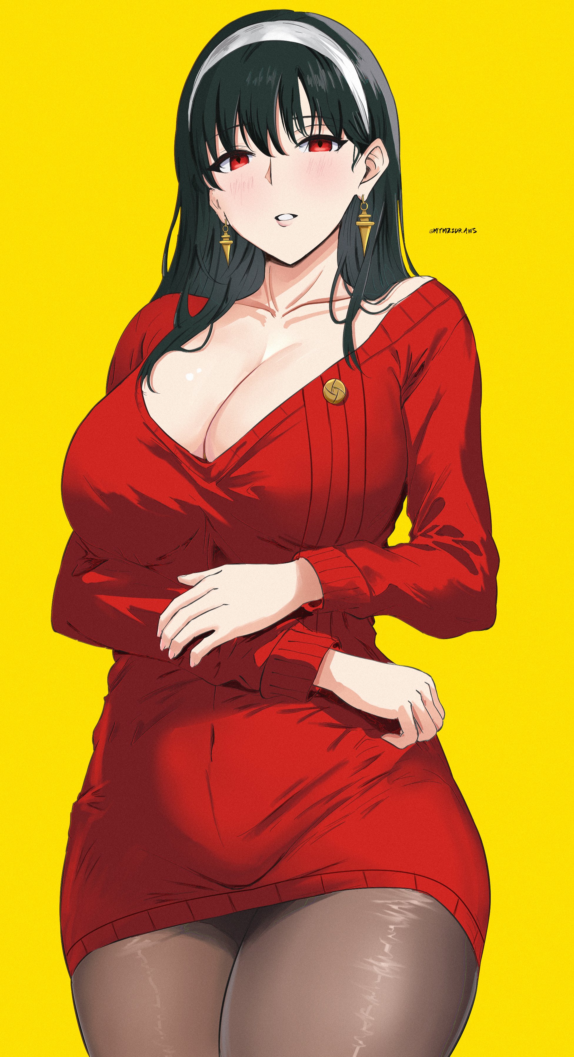 1girls, big breasts, black hair, blush, breasts, cleavage, crossed arms, earrings, female, light skin, light-skinned female, long hair, mymzi (mymzidraws), red dress, red eyes, spy x family, tights, yellow background, yor briar, yor forger
